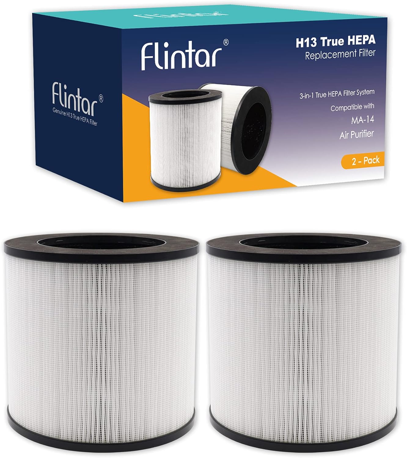 Flintar H13 True HEPA Replacement Filter, Compatible with MA-14 Air Purifier, 3-in-1 H13 Grade True HEPA and Activated Carbon Filter Set, 2-Pack Pack of 2