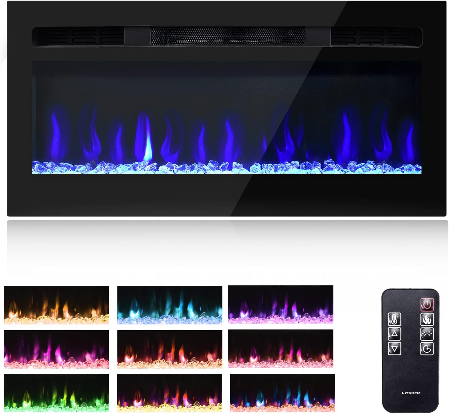 LITSDFM 37 inches Electric Fireplace Recessed and Wall Mounted Electric Fireplace Insert, Fireplace Heater with Timer, Remote Control, Adjustable 12 Flame Colors and 12 Flame Bed Colors, 750W/1500W