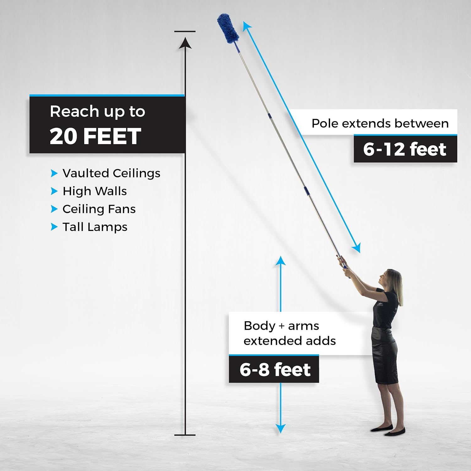 Blue Extension Rod Ceiling Duster with 18-20 feet Reach 3-Stage Aluminum Telescoping Pole - Cathedral, Cobweb, Microfiber, Ceilings Fan Duster Includes 2 Hand Dusting Kit