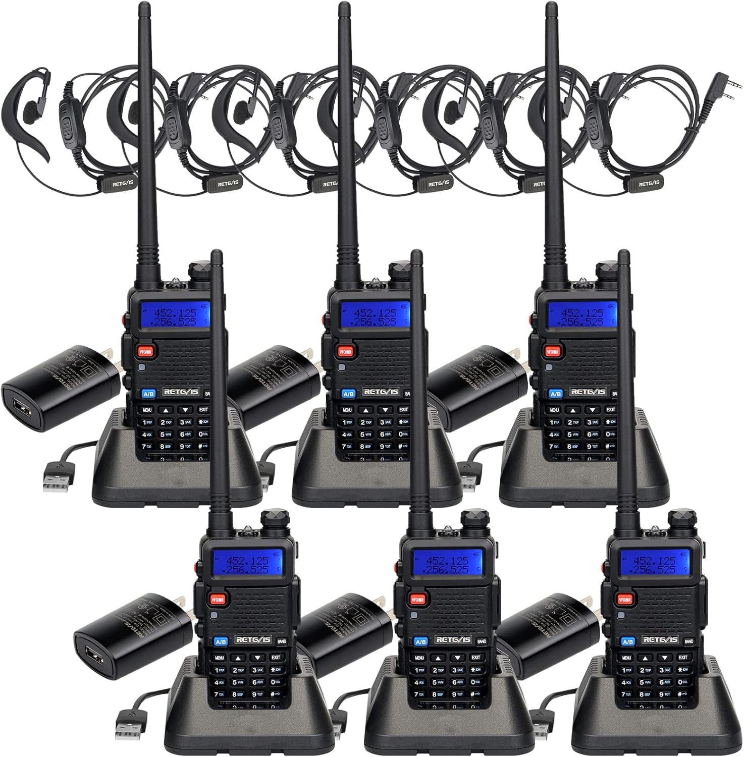 Retevis RT-5R Dual Band Two Way Radios Long Range, High Power 128CH 2 Way Radio, Flashlight 1400mAh Walkie Talkies for Adults with Earpiece (6 Pack)