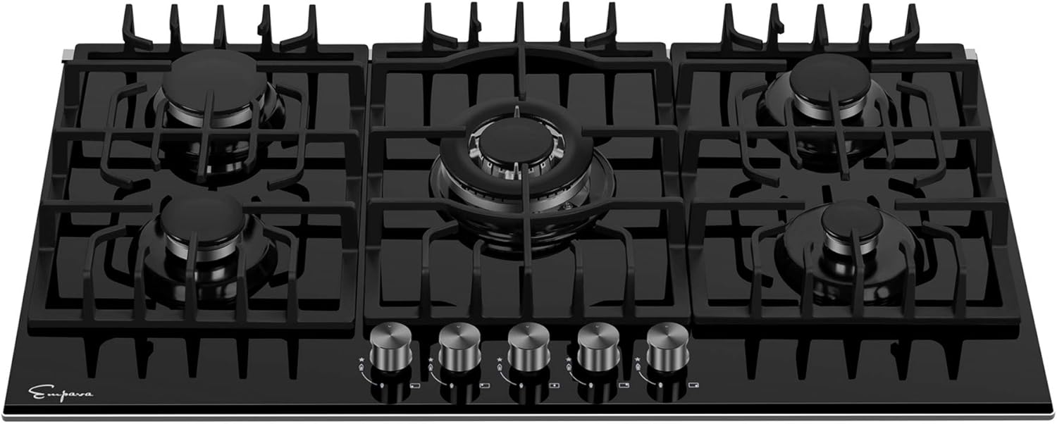 Empava 30 Inch Gas Stove Cooktop 5 Italy Sabaf Sealed Burners NG/LPG Convertible in Black Tempered Glass