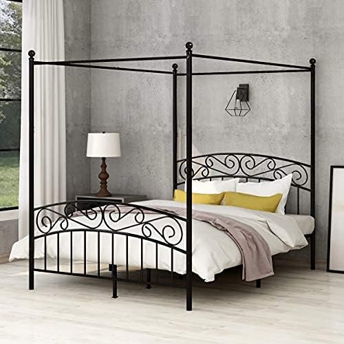 Canopy Bed with Sturday Metal Bed Frame No Box Spring Needed Mattress Foundation Texture Black, Queen