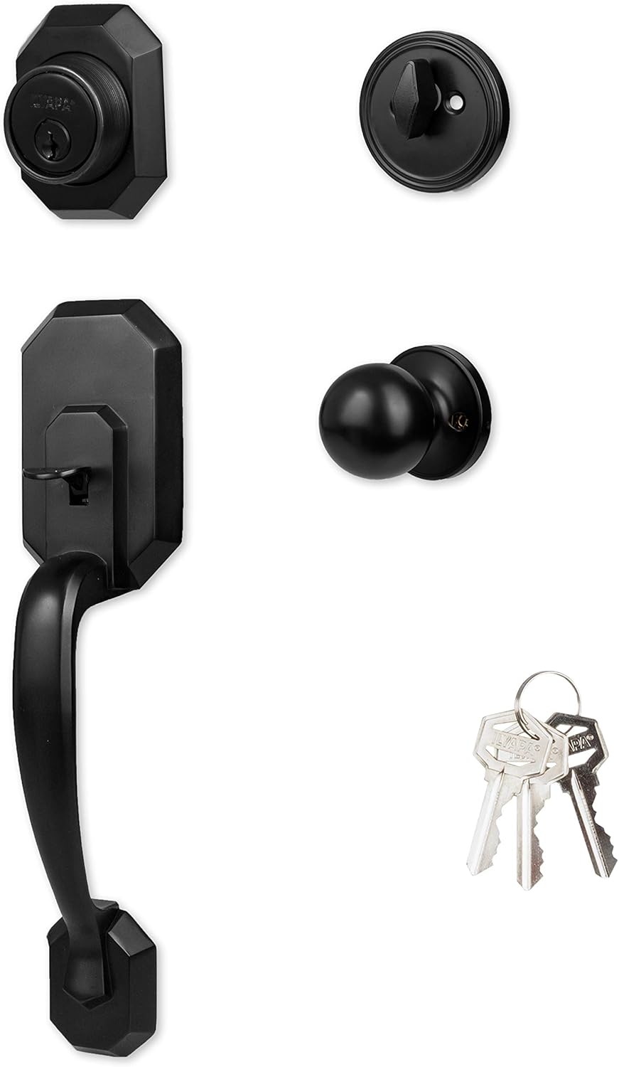 Ilyapa Front Entry Door Exterior Handleset - Heritage, Matte Black Low Profile Door Lock Set Handle with Single Cylinder Deadbolt and Halifax Lever, Matte Black