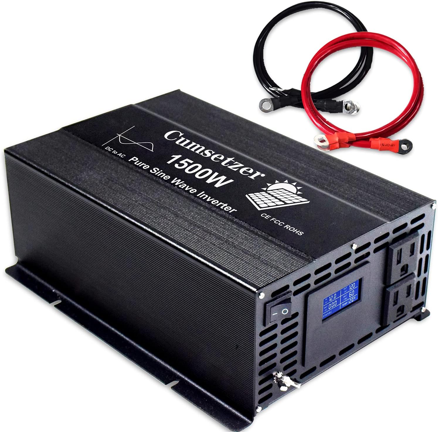 Cumsetzer 1500w 12v Pure Sine Wave Inverter Power Inverter dc to ac 110v 120v with Dual US Outlet, LCD Display and Grounding, for RV, Truck, Yacht, and Off Grid Solar System (1500w 12v)