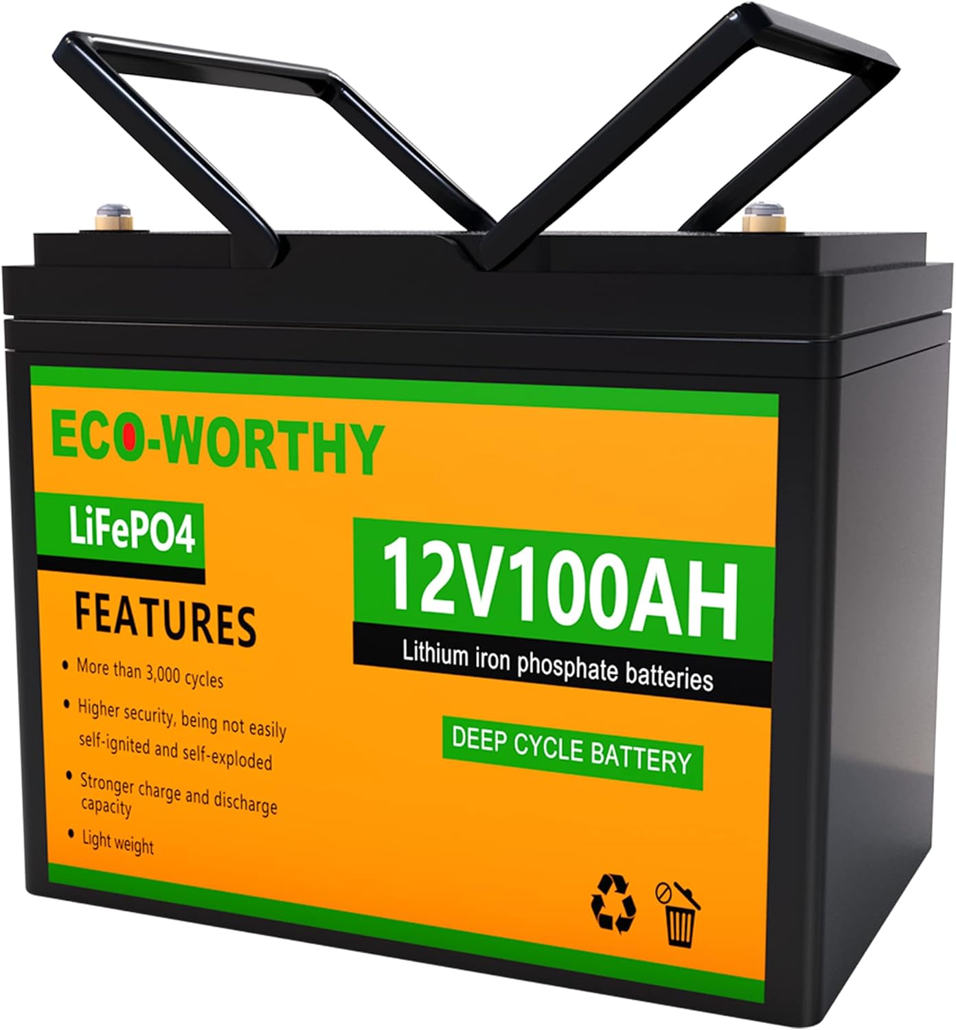 ECO-WORTHY 12V 100AH LiFePO4 3000+ Cycle Lithium Iron Phosphate fast charging Battery with BMS, Rechargeable battery for RV, Camping, Marine, Backup power, Solar Home Off-Grid System