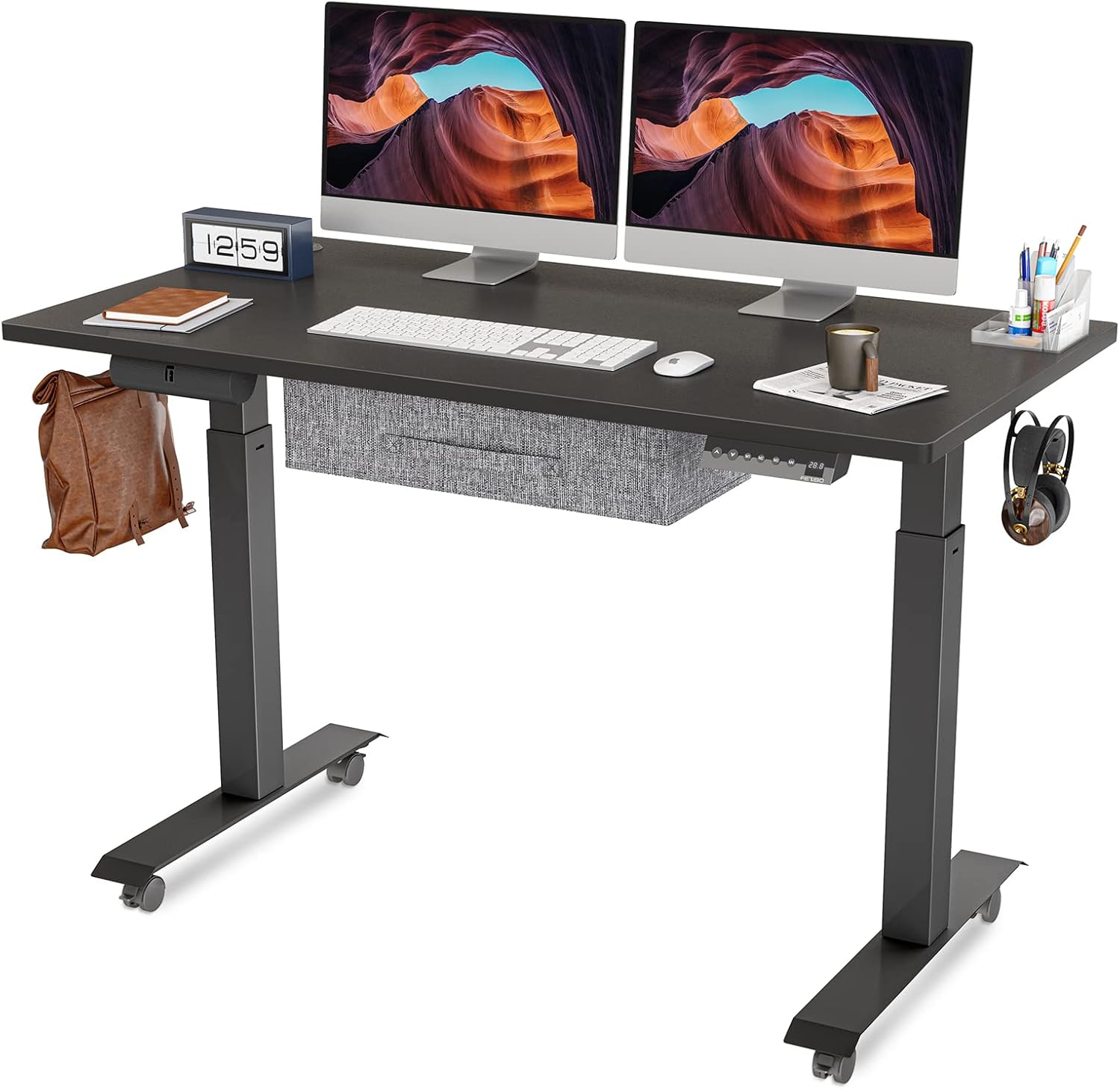 FEZIBO Standing Desk with Drawer, Adjustable Height Electric Stand up Desk, 55 x 24 Inches Sit Stand Home Office Desk, Ergonomic Workstation Black Steel Frame/Rustic Brown Tabletop