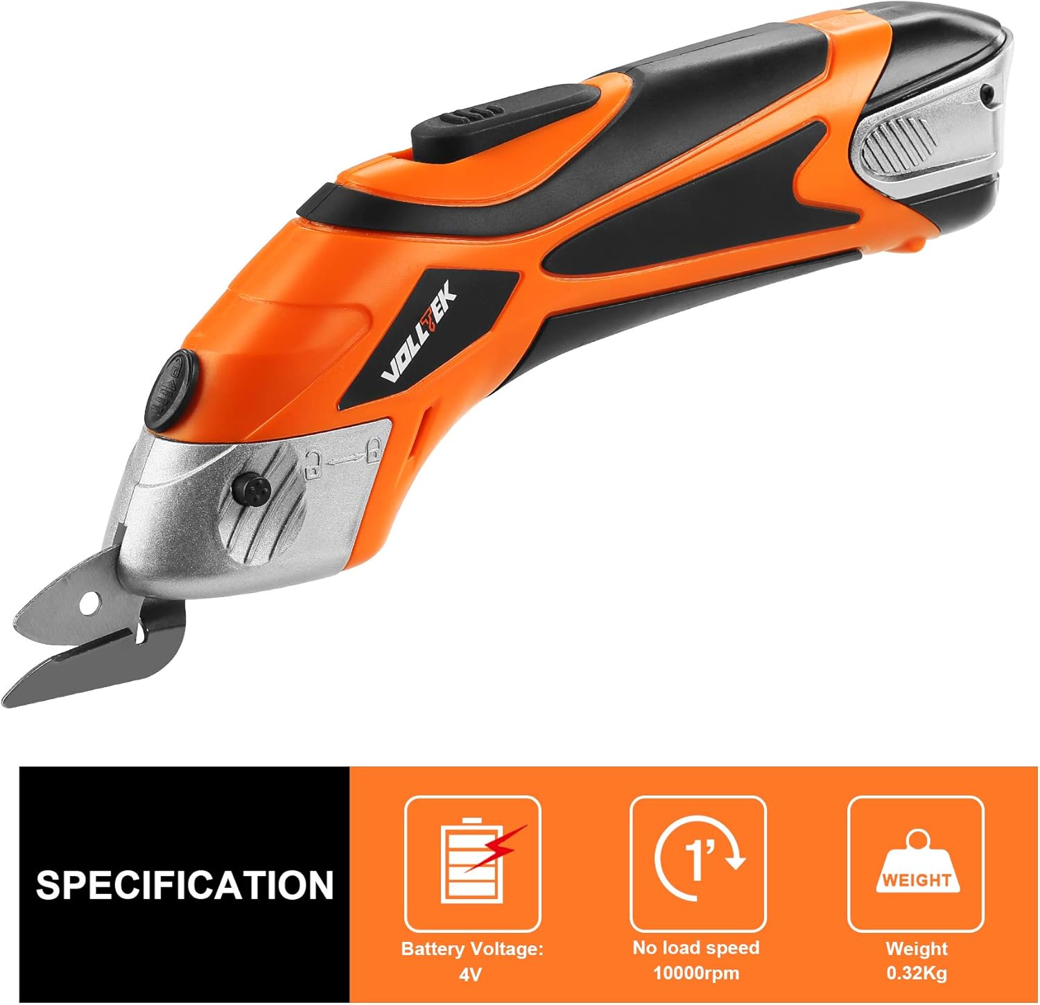 VOLLTEK Electric Cordless Scissor 4V li-ion Cutter Shears with 2 battery & 2 Pcs Cutting Blades Accessory for Cutting Fabric, Carpet and Leather ES3601