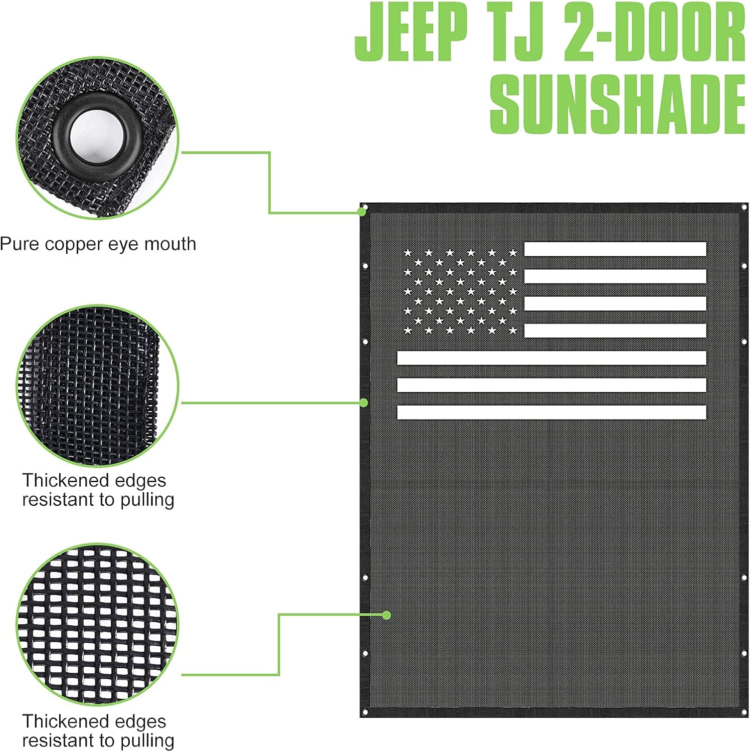 TOAPCAYR TJ Sunshade Bikini Top Mesh Screen Sun Shade Soft Top Front Rear UV Protection Accessory for Jeep Wrangler Accessories TJ (1996-2006) YJ (1987-1995) 2 Door in Black & White American Flag