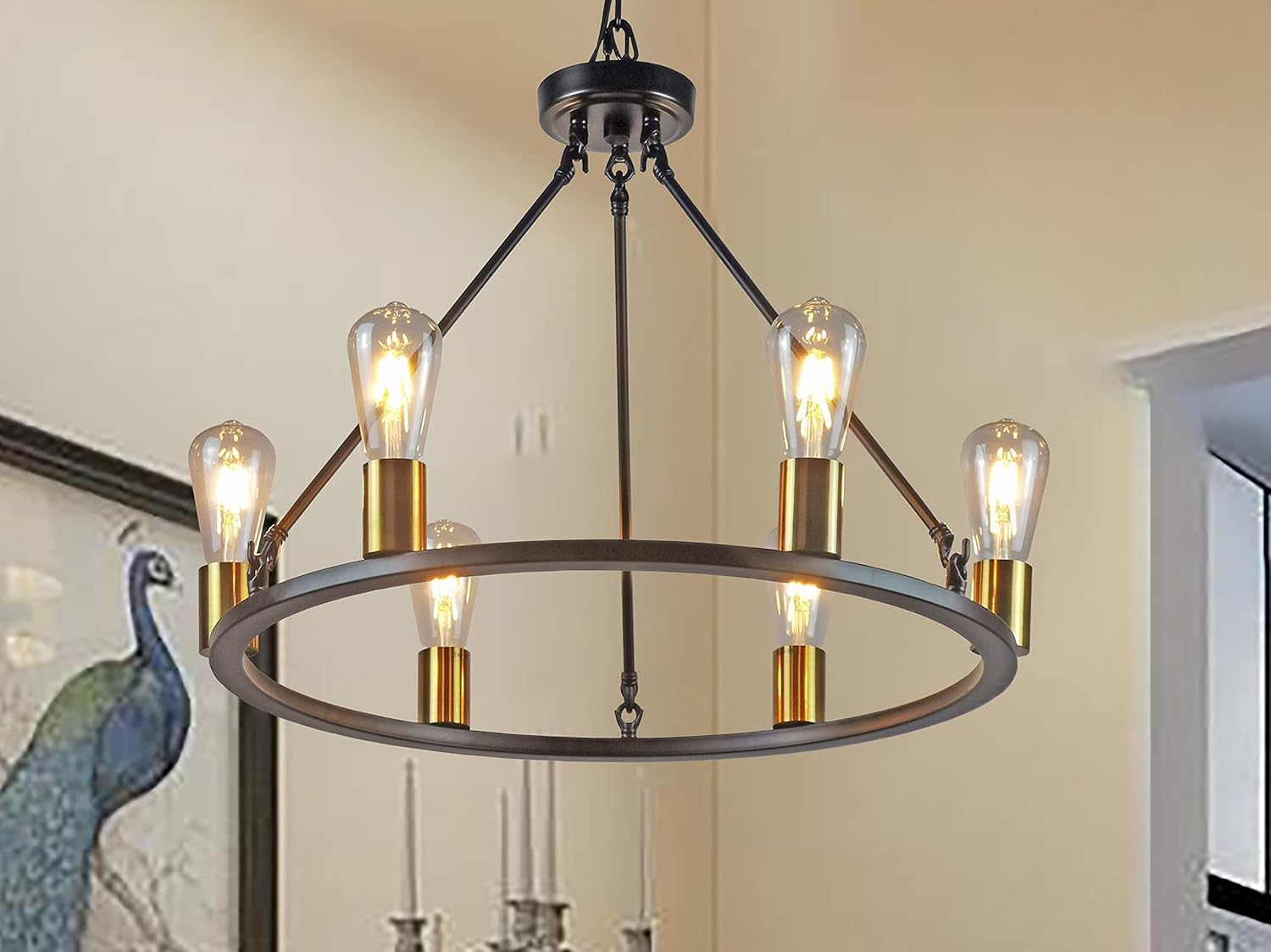 KWMGQX 6-Lights Black Wagon Wheel Chandelier Farmhouse Modern Black Chandelier for Dining Room mid-Century Vintage Edison Chandelier Suitable for Dining Room, Hallway, Living Room, Bedroom, Farmhouse