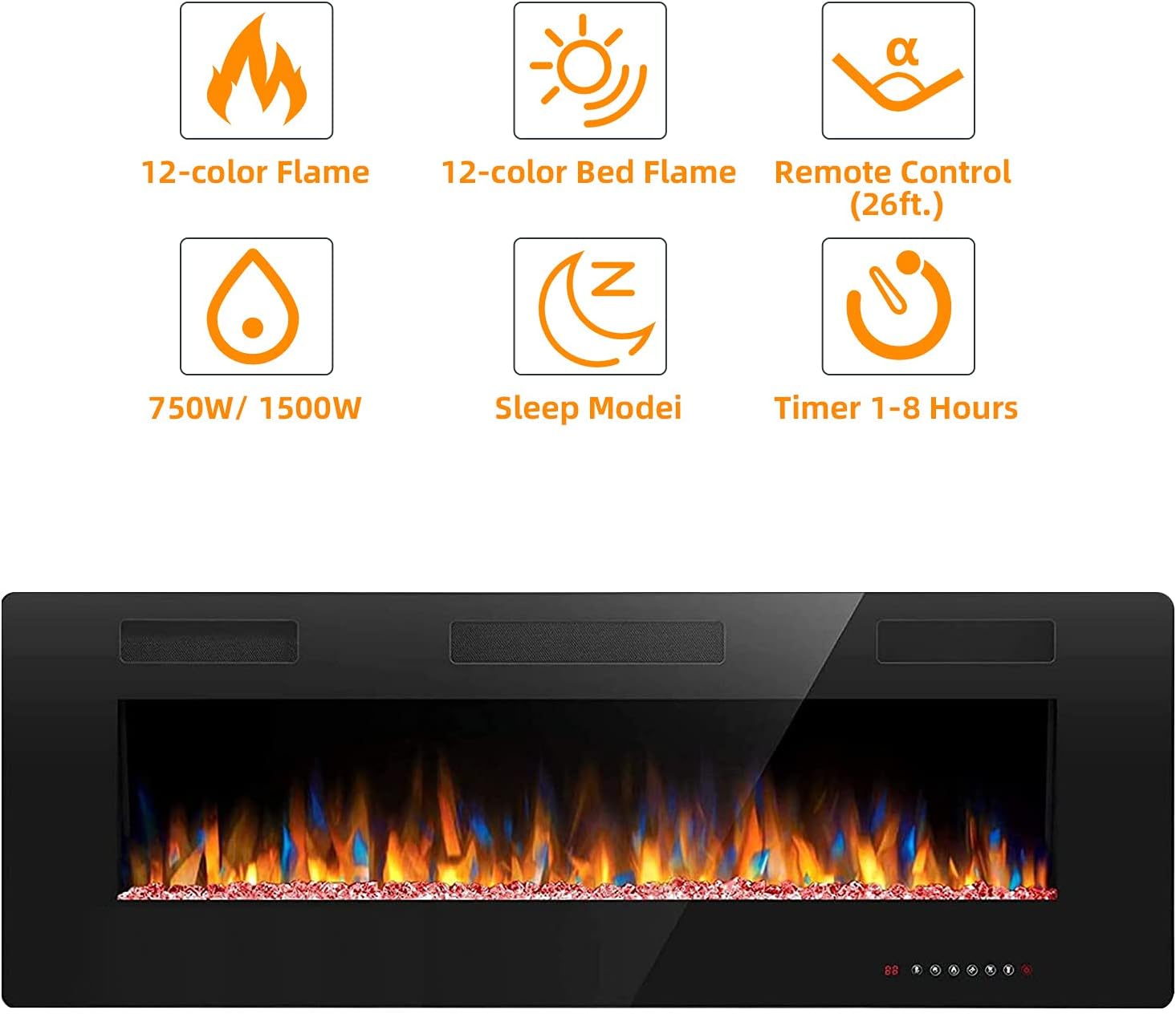 Crzoe 50 Inch Electric Fireplace, Recessed and Wall Mounted Fireplace Heater, Remote Control & Touch Panel, Timer, Adjustable Flame Color and Speed, 750w/1500w.
