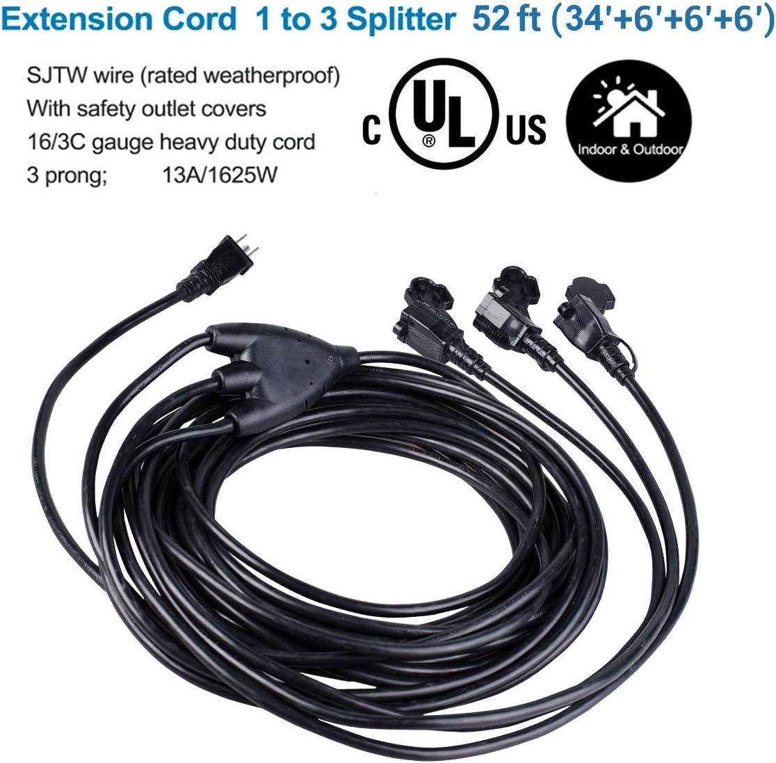 Yodotek Outdoor Power Extension Cord,Max 40ft plug to End (52 FT Total)1 to 3 splitter,16/3 SJTW,Waterproof,Ideal for Multiple Appliances,Landscaping Lights,Holiday Decoration, Black UL Listed