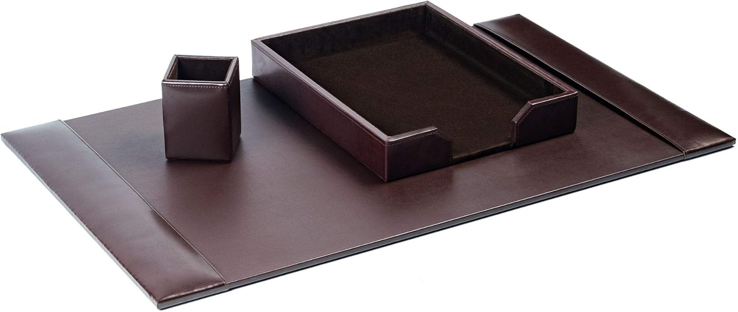 Desk Accessory Set, 3-piece Genuine Brown Leather