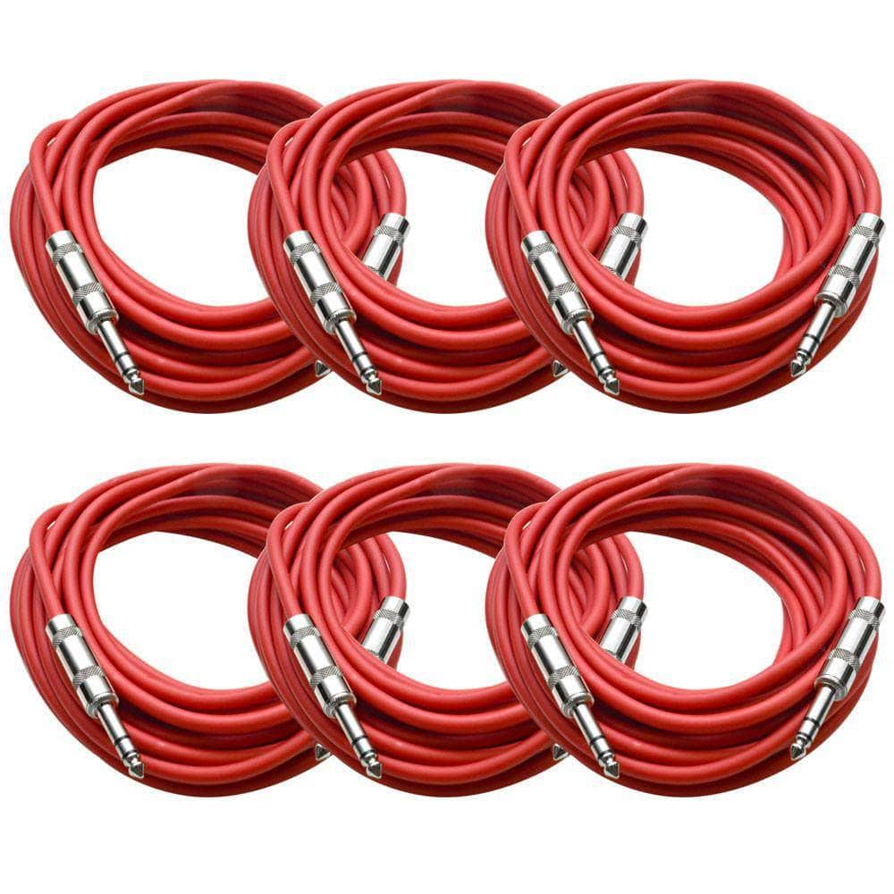 Seismic Audio - SATRX-25Red6 - Pack of Six (6) 25 Foot Red 1/4x22 TRS Patch Cable - Balanced Cord - Effects