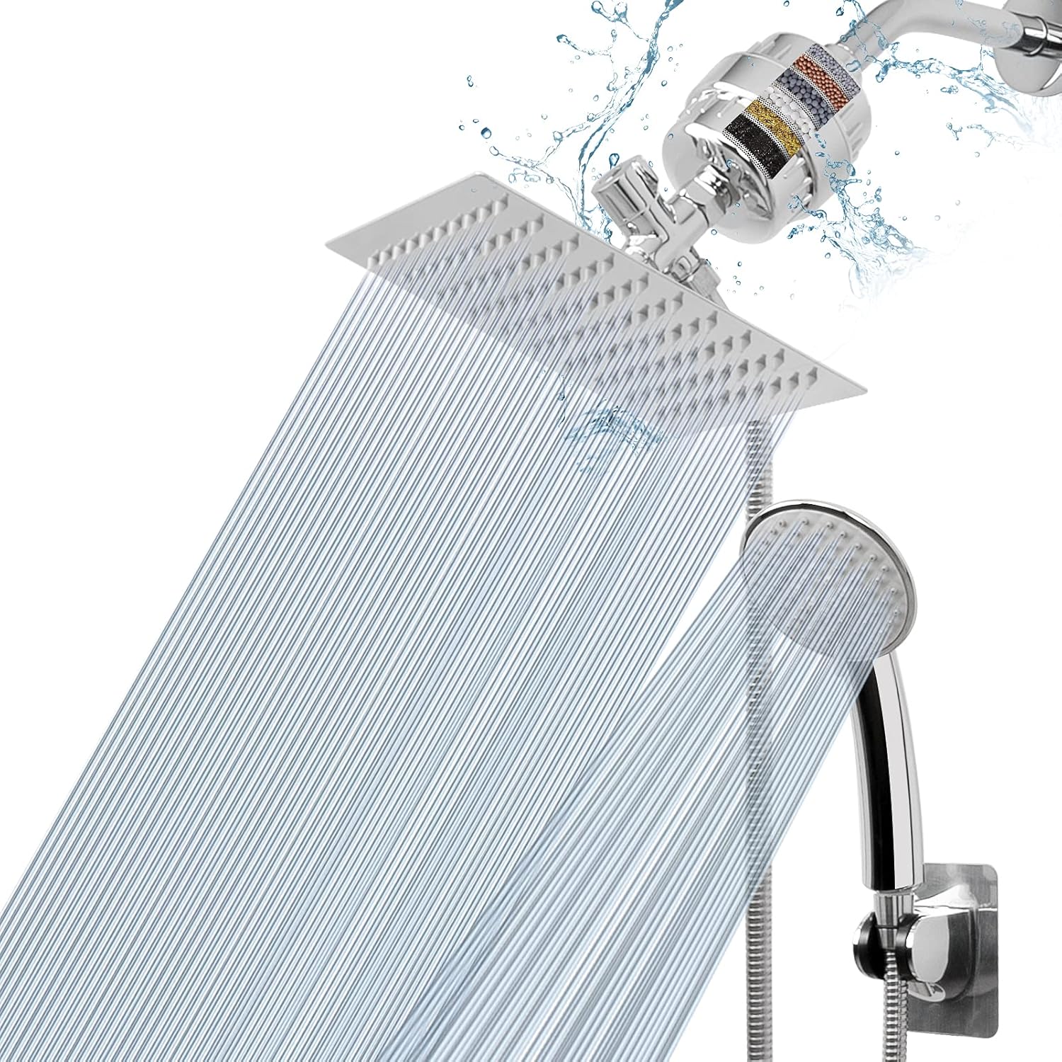 NearMoon Filtered Shower Head , High Pressure 8″Square Rain Shower Head and 5 settings Handheld Shower Filter Combo with Self-adhesive Holder/1.5M Hose -1 Replaceable Filter Cartridge (Chrome Finish) Pack of 2