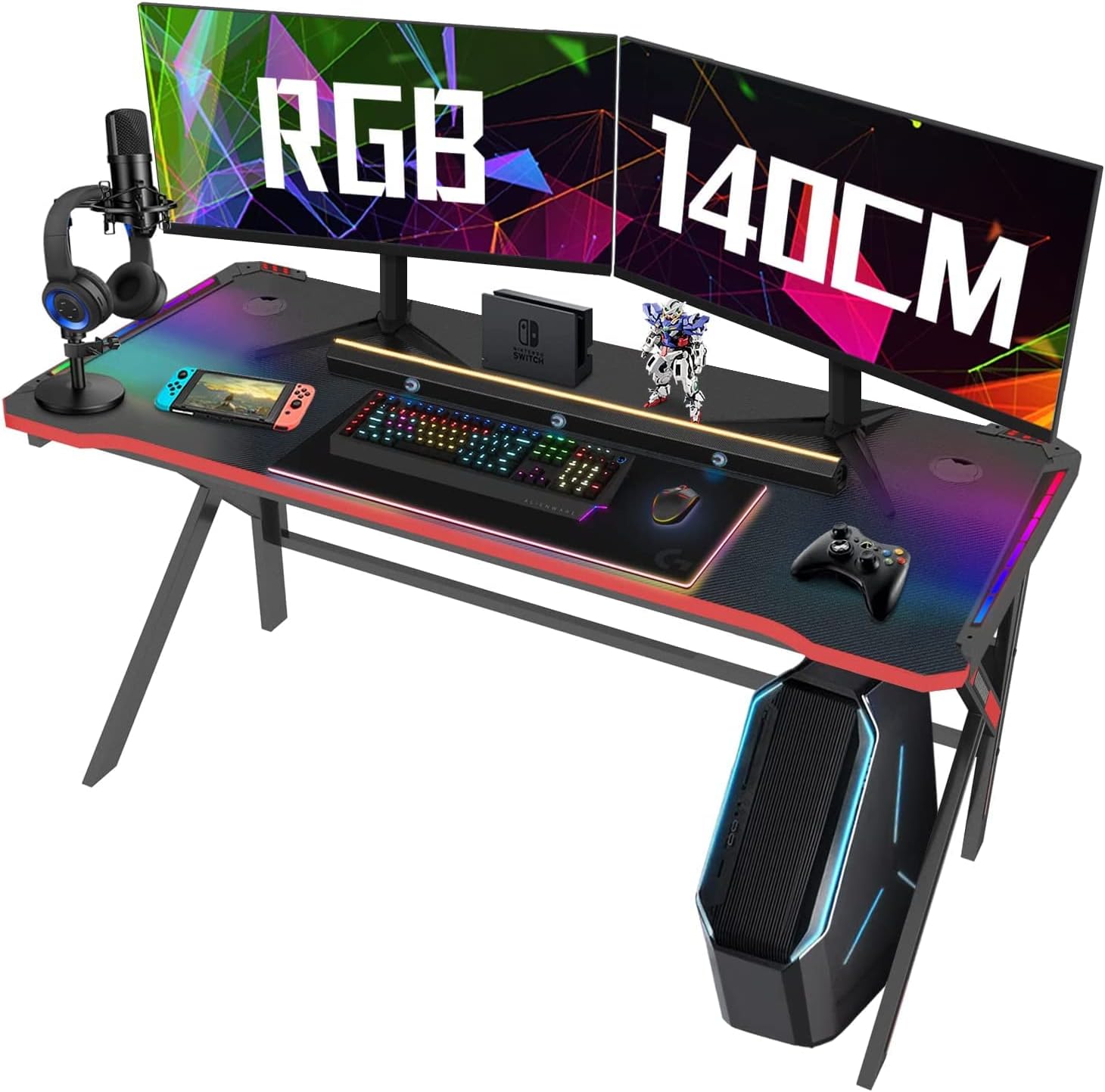 Gaming Desk, Arespark 140cm(55inch) RGB Ergonomic PC Gaming Desk, Pro Home Office Desktop K-Shaped Computer Gamer Tables with Carbon Fiber Surface, Gamer Workstation Table Gamer Gift