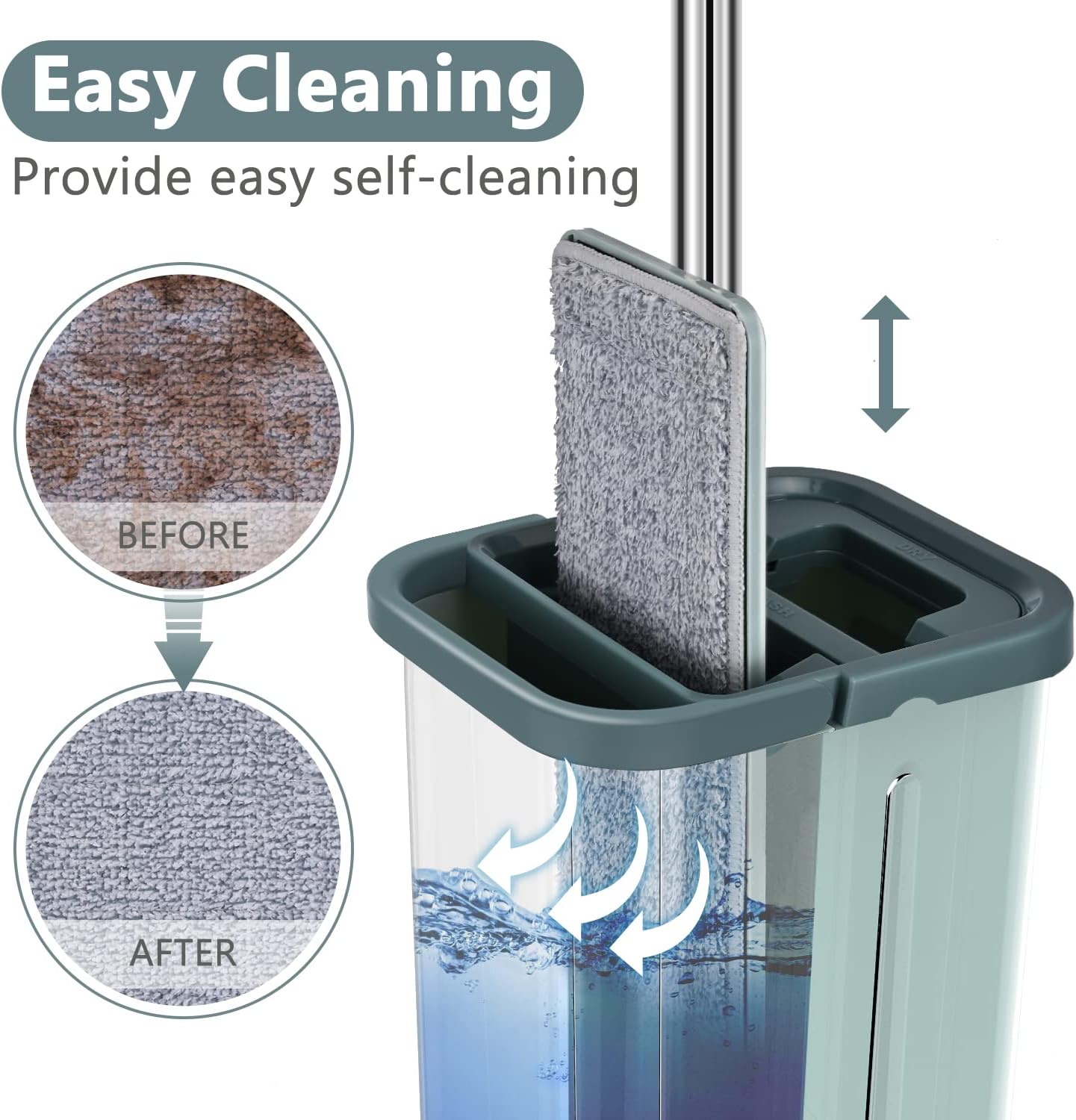 Floor Mop and Bucket Set, Aifacay Flat Mop Bucket System Flexible Mop Head 8 Reusable Microfiber Pads Home Hardwood Floor Mop Bucket with Wringer Extended Stainless Steel Handle Mop for Wood, Vinyl