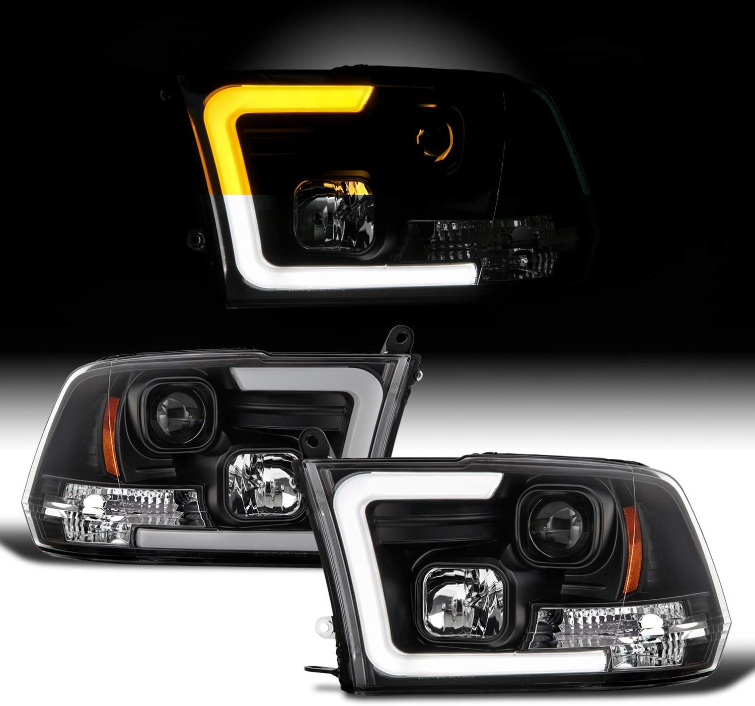 AKKON - Fits 2009-2010-18 Dodge Ram 1500 2500 3500 Black Projector Headlights w/ [LED Tube] Yellow Turn Signal Pair