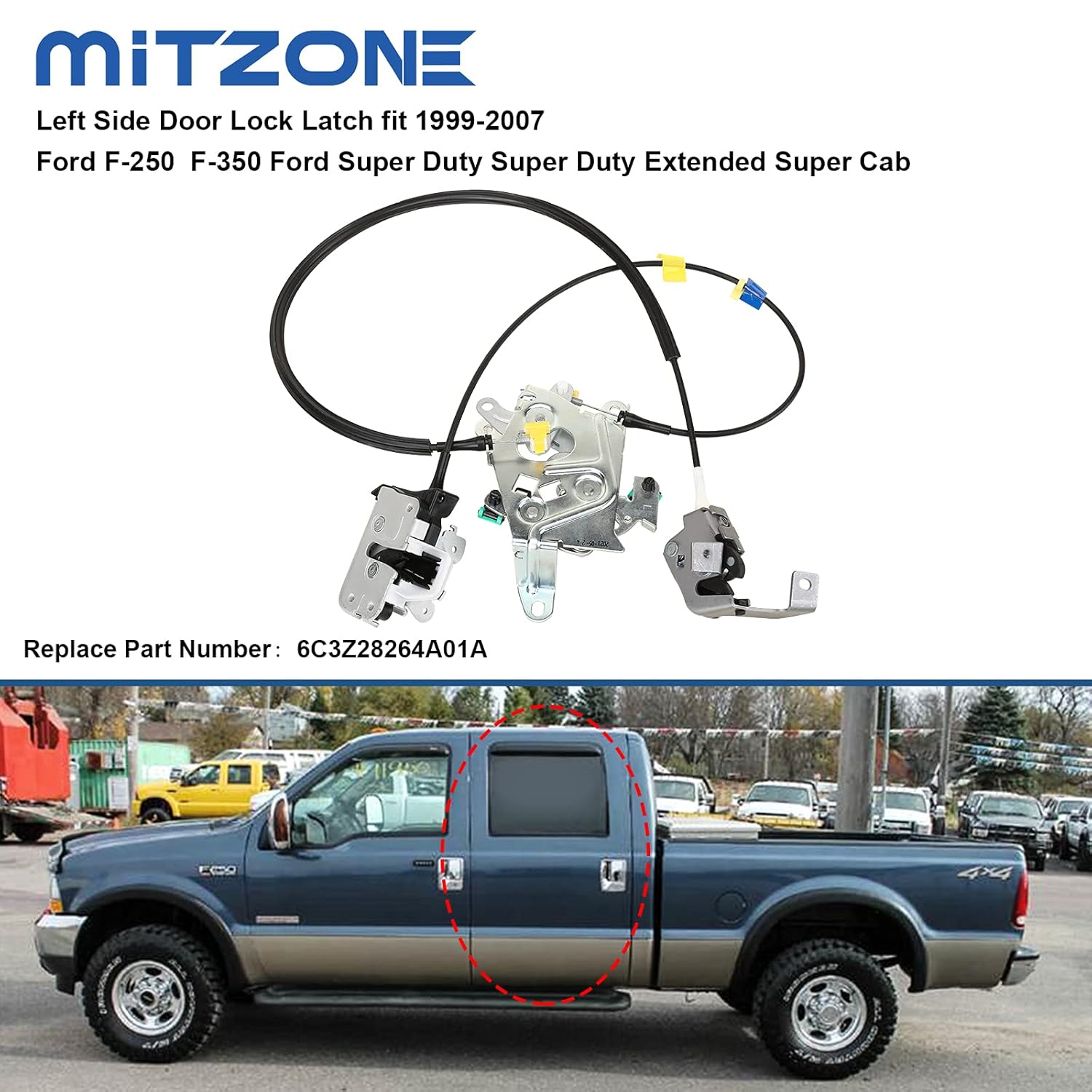MITZONE Rear Left Drive Side Door Lock Latch Cable with Cable Compatible with 1999-2007 Ford F-250 F-350 Super Duty Extended Super Cab oe # 6C3Z28264A01A Pack of 2