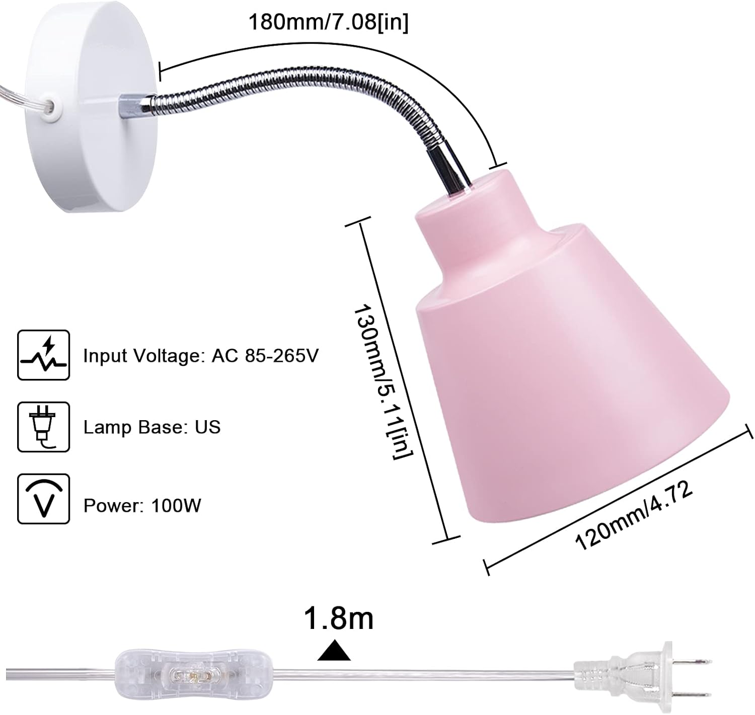 Bonlux Dimmable Wall Light Fixtures Flexible Gooseneck Wall Sconce,Macaron Edison Iron lamp Holder,Rotatable Wall Lamp with Plug-in Cord for Master Bedroom,Beside Reading,Living Room,E26/E27