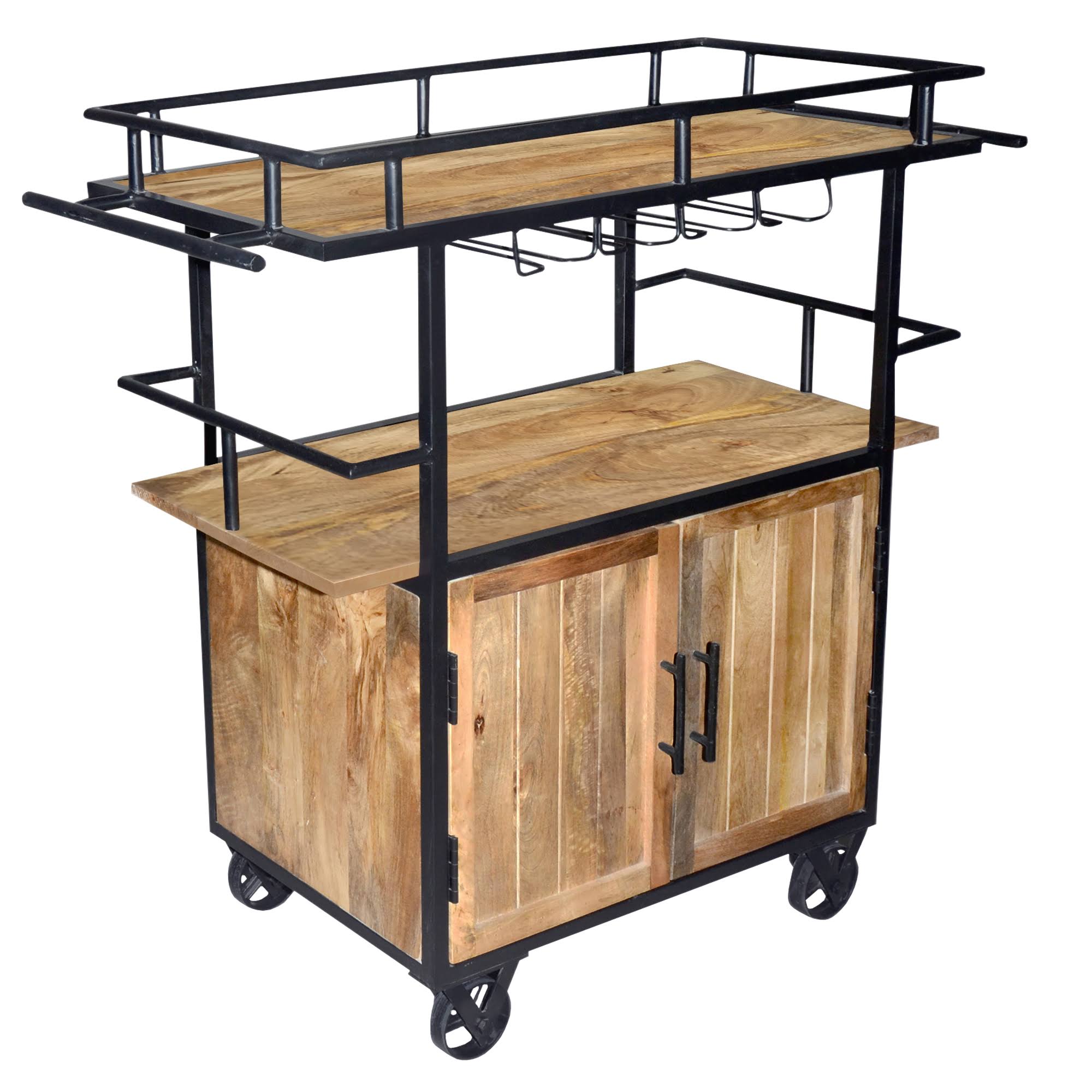 The Urban Port Wood and Metal Bar Cart with Double Door Storage and Casters, Brown and Black