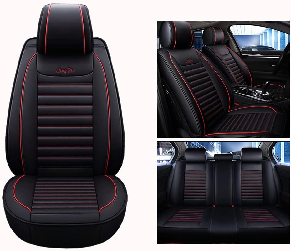 KXCON Koxvzec Car Seat Covers 5 Seats Full Set Skin-Friendly Universal Fit Leather Car Seat Cushion Protector for Front Rear (Black Red)