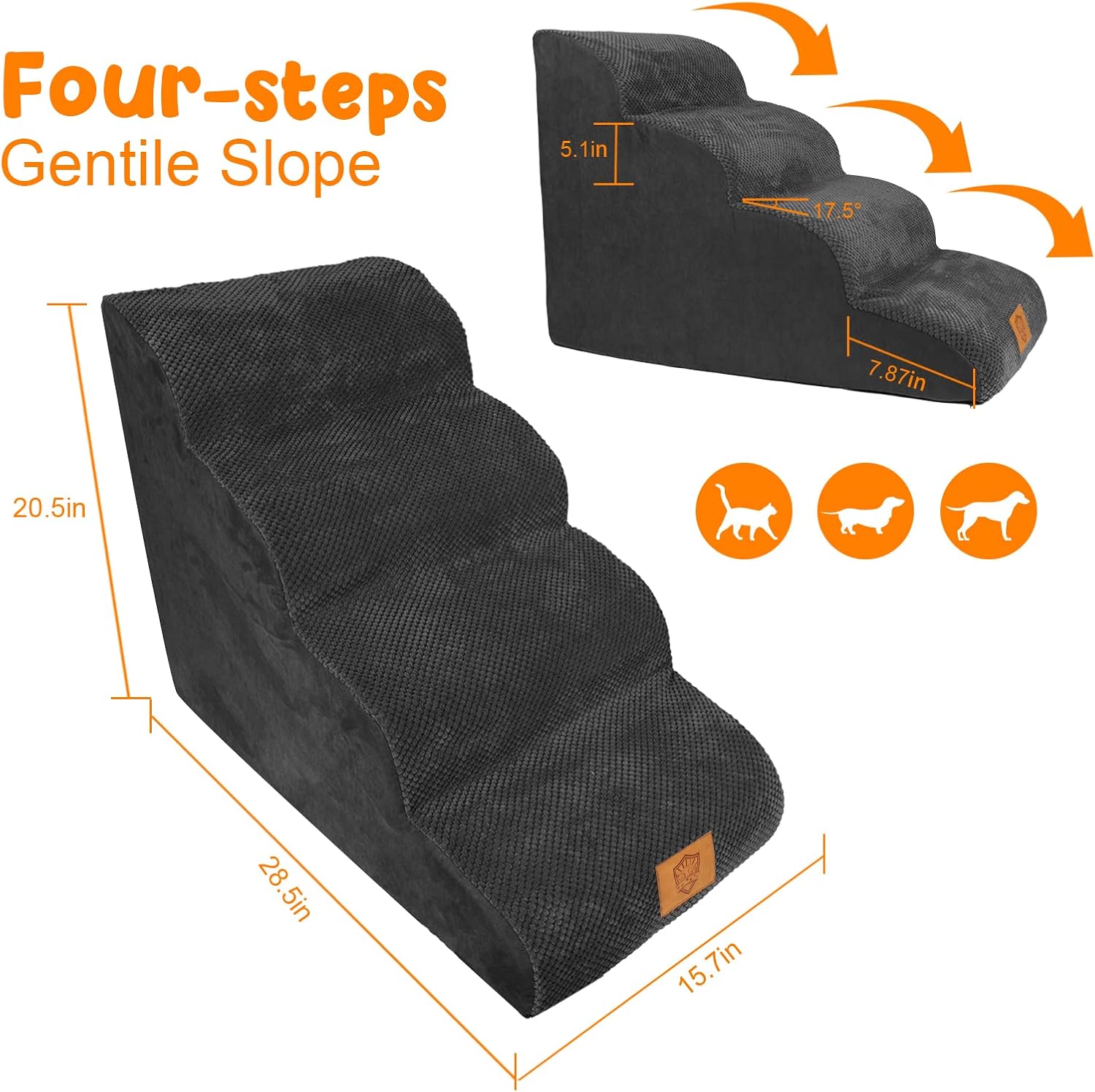 Yamxot High Density Foam Dog Ramp Pet Stairs 4 Steps,Non-Slip,Soft Wide Deep Foam Ladder,for Older or Disabled Dog,for Bed Couch Sofa,Color Black