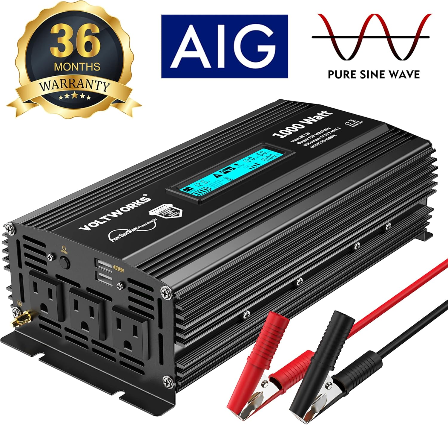 Pure Sine Wave 1000 Watt Power Inverter DC 12v to AC 110V-120V 1000W with LCD Display and 2.4A Dual USB Ports 3 AC Outlets for Home RV Truck[3 Years Warranty] by VOLTWORKS
