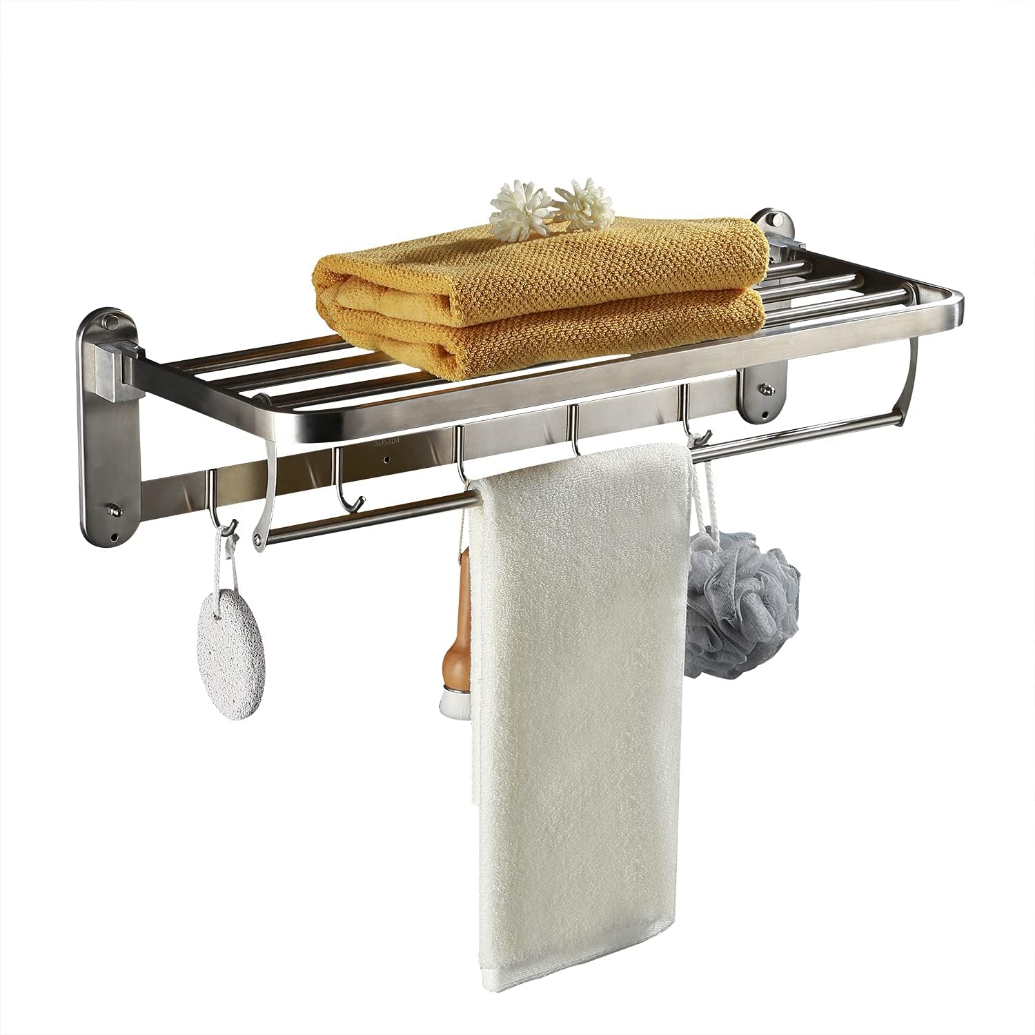 YNTALL 24 Inch Bathroom Shelf with Foldable Towel Bar Holder and 5 Towel Hooks Double Towel Rack for Bathroom Wall Mounted SUS304 Stainless Steel No Rust Polished Chrome Double Towel Bar Pack of 2