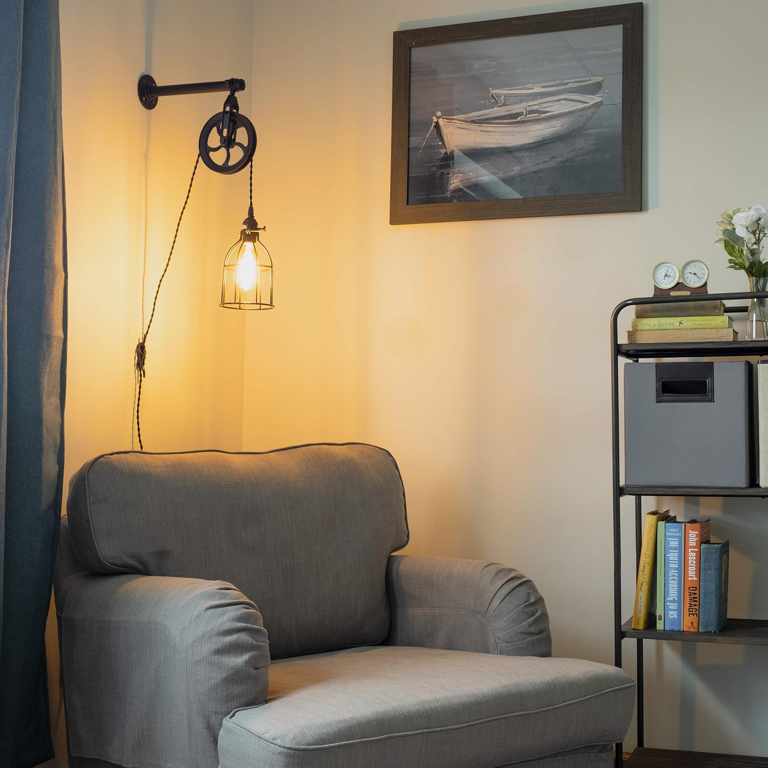 Rustic State Vintage Chic Unique Industrial Pipe and Pulley Design Wall Pendant Lamp with Fabric Cord LED Edison Light Bulb Included in Black