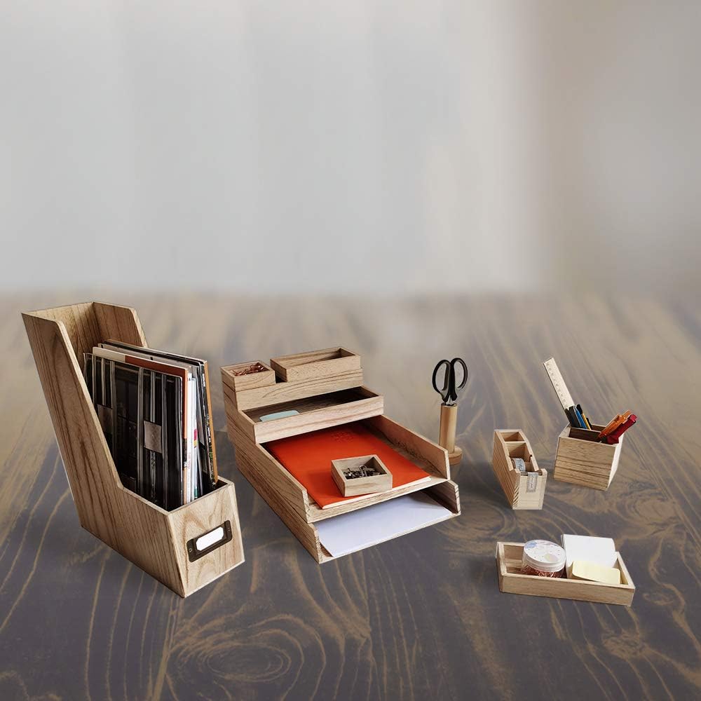 COZAYH 12-PIECE SOLID WOOD DESK ORGANIZER - OFFICE SUPPLIES HOLDER SET, MULTI-FUNCTION ITEM HOLDER, FLEXIBLE STACKING TRAY Pack of 2