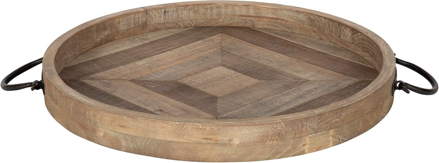 Kate and Laurel Marmora Rustic Round Decorative Tray with Pieced Wood Base and Black Metal Handles, 18-inch Diameter Pack of 2