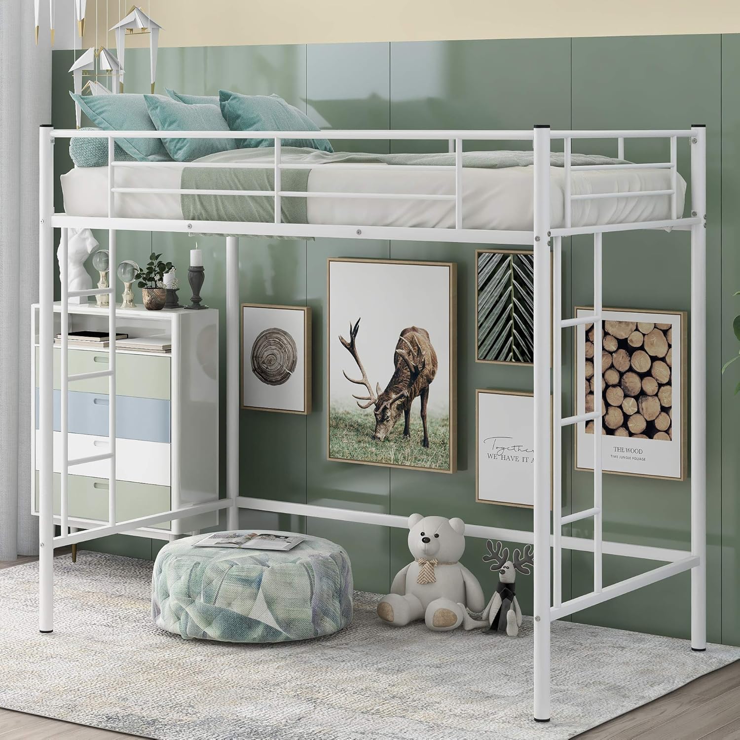 P PURLOVE Twin Loft Bed Metal Loft Bed Frame with Ladder Guard Rail, No Box Spring Needed, Black