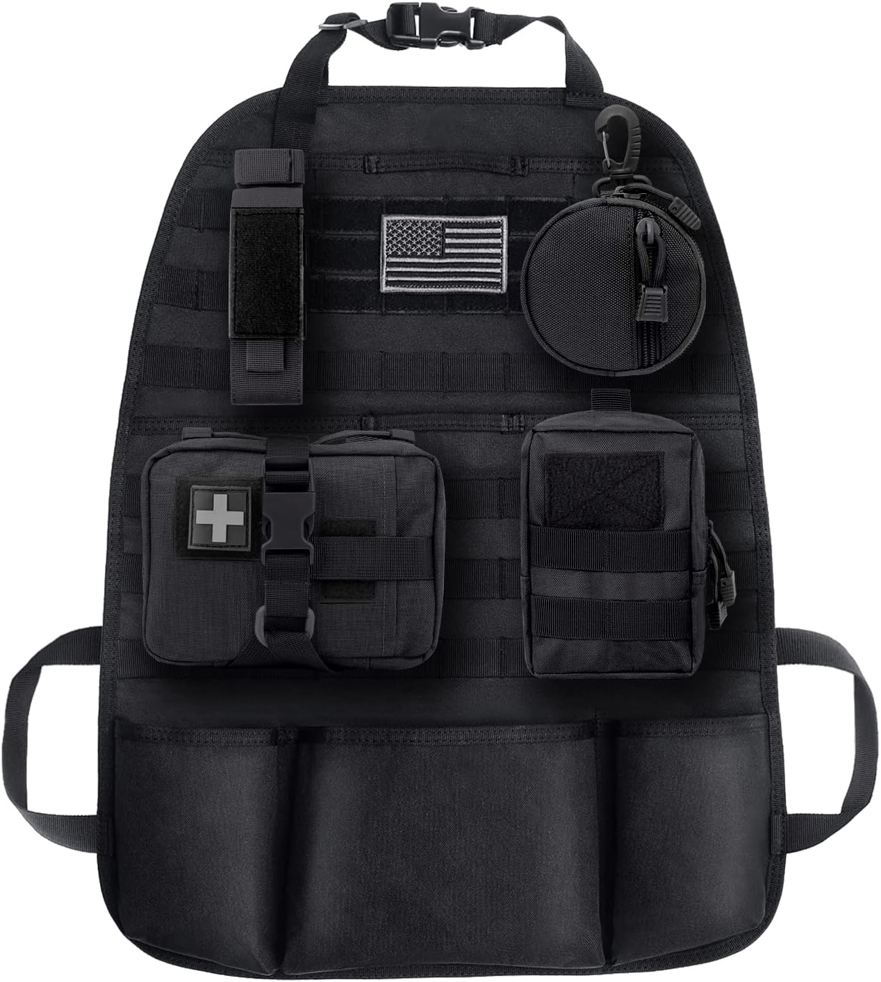 MEQI Car Seat Back Organizer, Universal Tactical Molle Vehicle Panel Cover Protector with Multiple Pockets for Truck SUV MPV Saloon Van（Single-Brown）