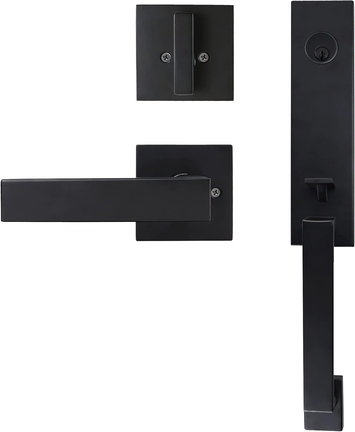 Azdele Front Door Handle Set with Single Cylinder Deadbolt and Lever Handle, Square Adjustable Entry Door Lock Set, Entrance Handle Set with Lock, Reversible for Right & Left Handed, Matte Black Pack of 2