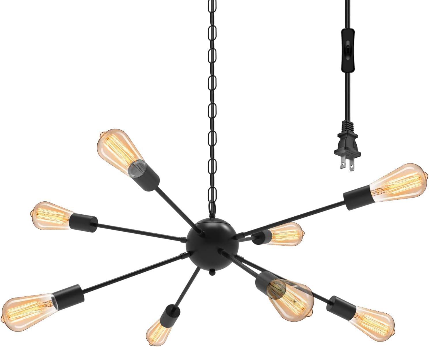 Plug in Chandelier, Black Sputnik Chandelier with 16.4ft Cord, On/ Off Switch, Ceiling Pendant Light, Mid Century Industrial Sputnik Light Fixtures for Kitchen Dining Living Room Bedroom (8-Lights)