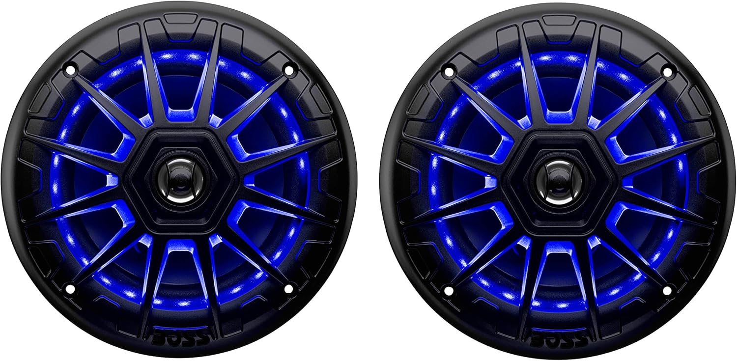 BOSS Audio Systems MRGB65B 6.5 Inch Marine Speakers - Weatherproof, 200 Watts Per Pair, 100 Watts Each, Multi-Color Illumination, Full Range, 2 Way, Sold In Pairs Pack of 2