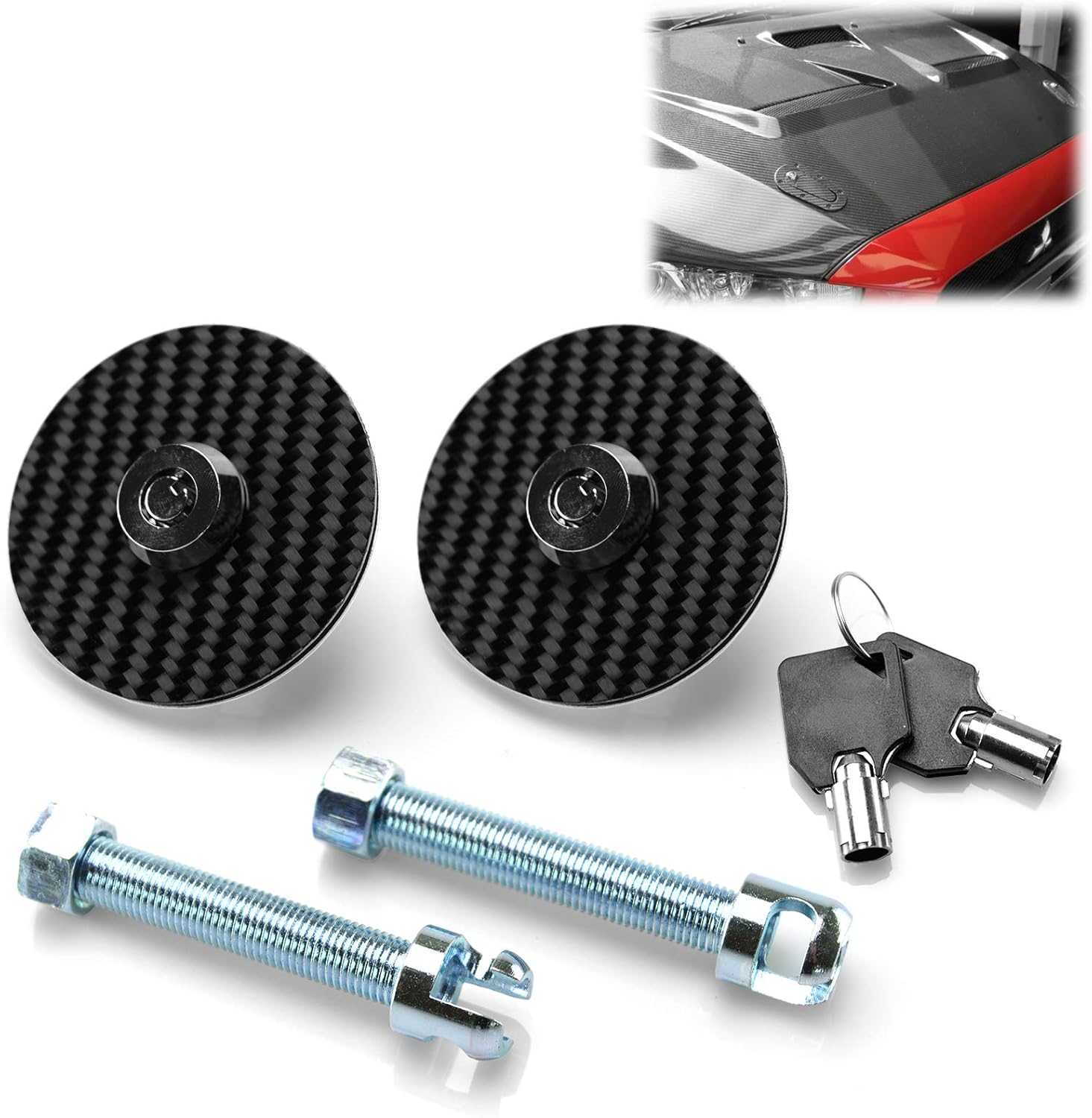 EZAUTOWRAP Universal Racing Mount Bonnet Black Carbon Fiber Hood Pins Latch Key Locking Kit