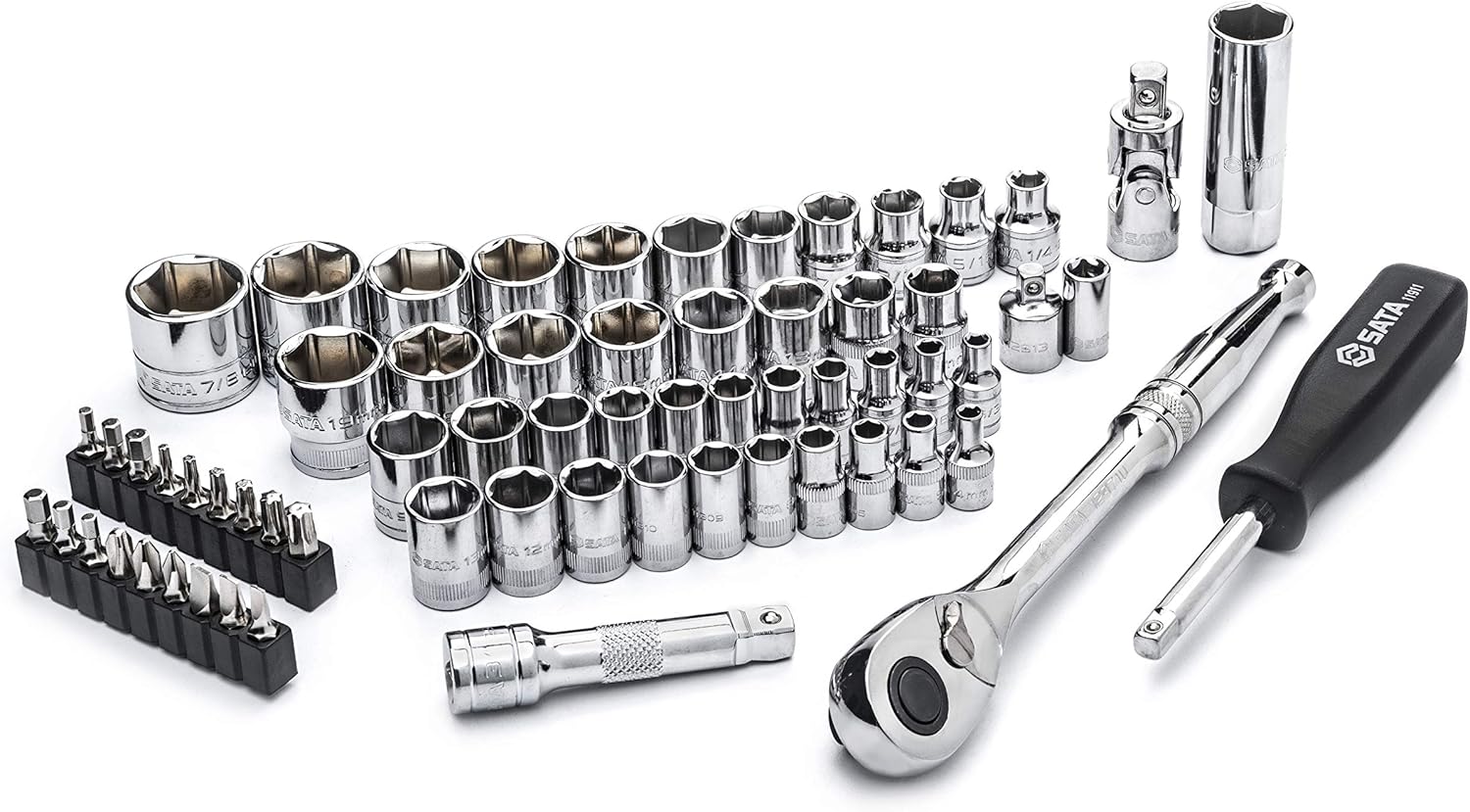SATA 65-Piece 1/4-Inch and 3/8-Inch Drive Mechanic&rsquo;s Tool Set with Ratchet, SAE and Metric, with Bit Driver, Sockets, Bits and Accessories - ST09011U