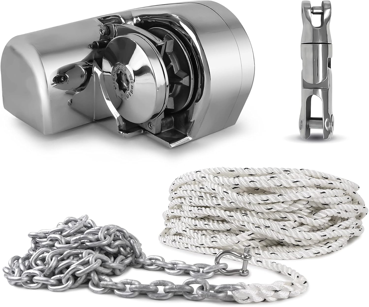 Five Oceans Atlantic 600 Horizontal Windlass 600W Kit w/Nylon Three Strand Rope/Chain with (Rope 1/2