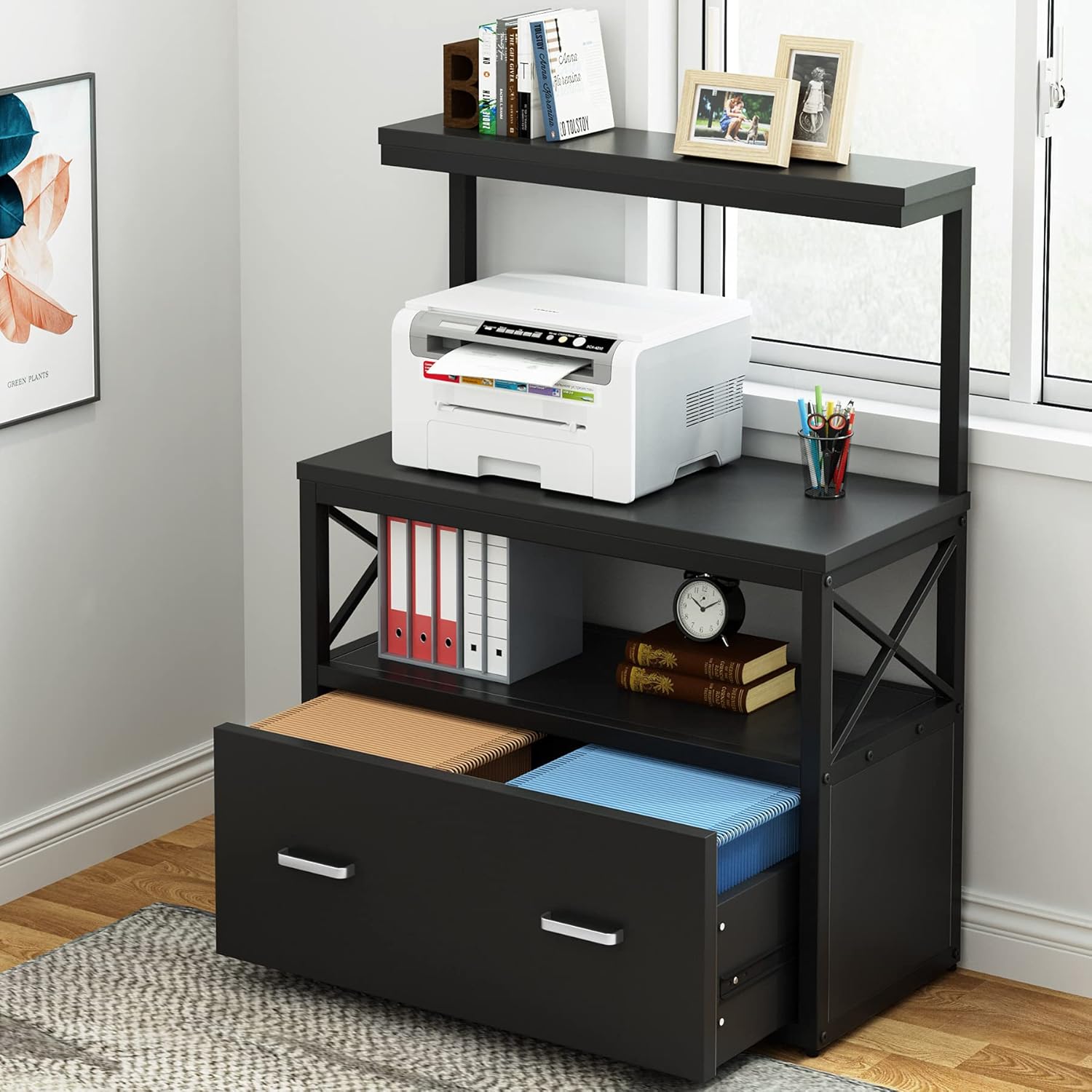 Tribesigns Lateral File Cabinet, Modern Filing Cabinet with 1 Large Drawer, Printer Stand with 2 Open Storage Shelves for Home Office (Black)