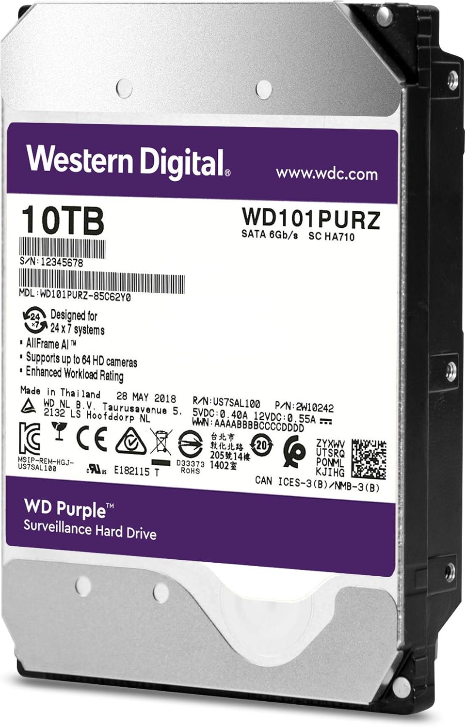 Western Digital 10TB WD Purple Surveillance Internal Hard Drive - SATA 6 Gb/s, , 256 MB Cache, 3.5