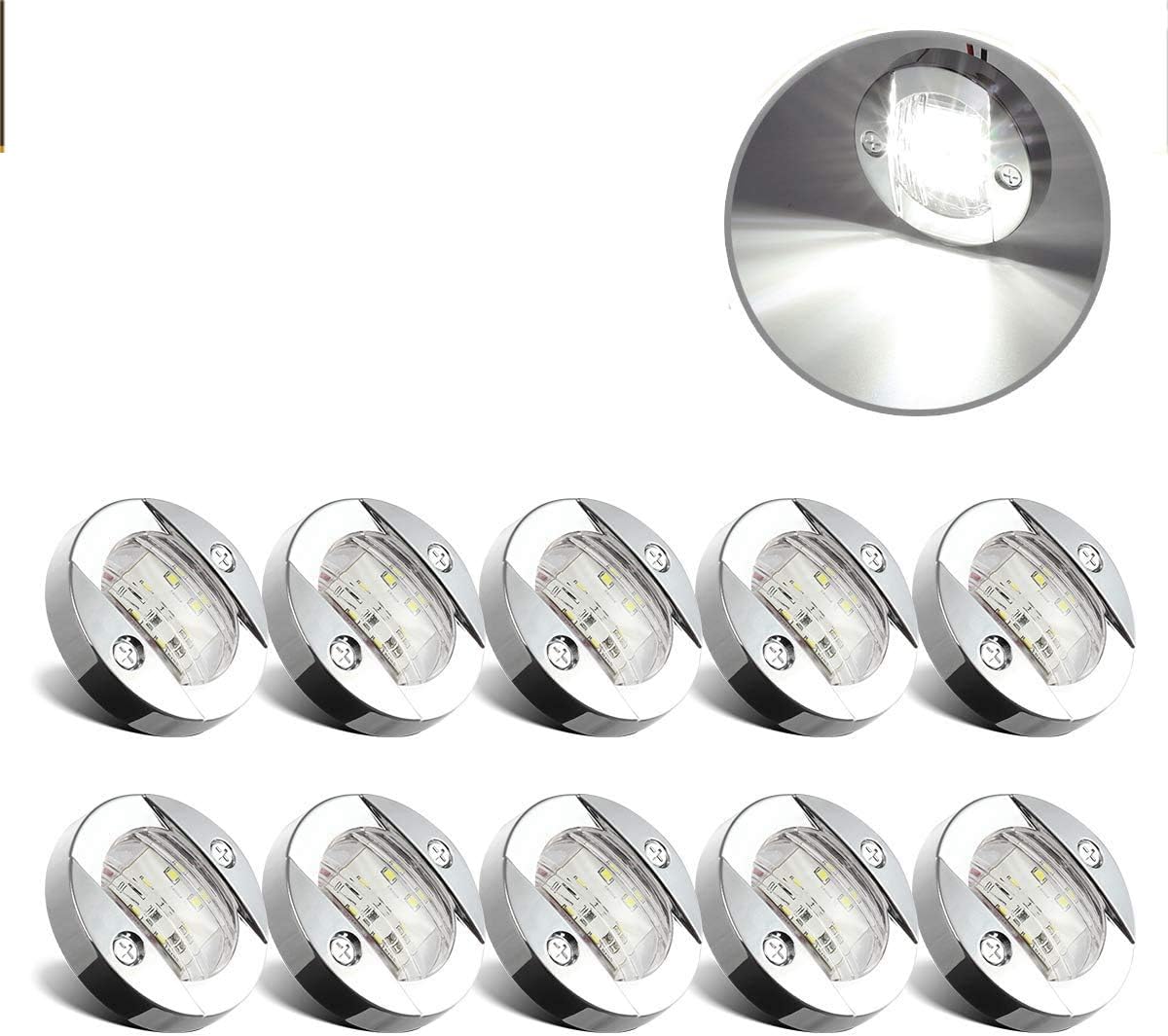 Partsam 3 inch 12V Round Marine Navigation Light Chrome Boat LED Transom Mount Stern Anchor Lights Flush Mount, IP68 Submersible, 12V Boat Marine Round Led Cockpit Lights (Pack of 10) Pack of 2