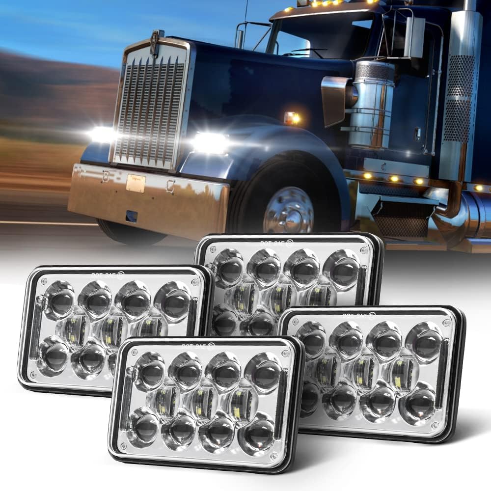 Newest 60W 4x6 Inch LED Headlights with DRL for H4651 H4652 H4656 H4666 H6545 Freightliner Kenworth Peterbilt International Volvo Sterling Western Star Mack(Chrome 4Pcs)
