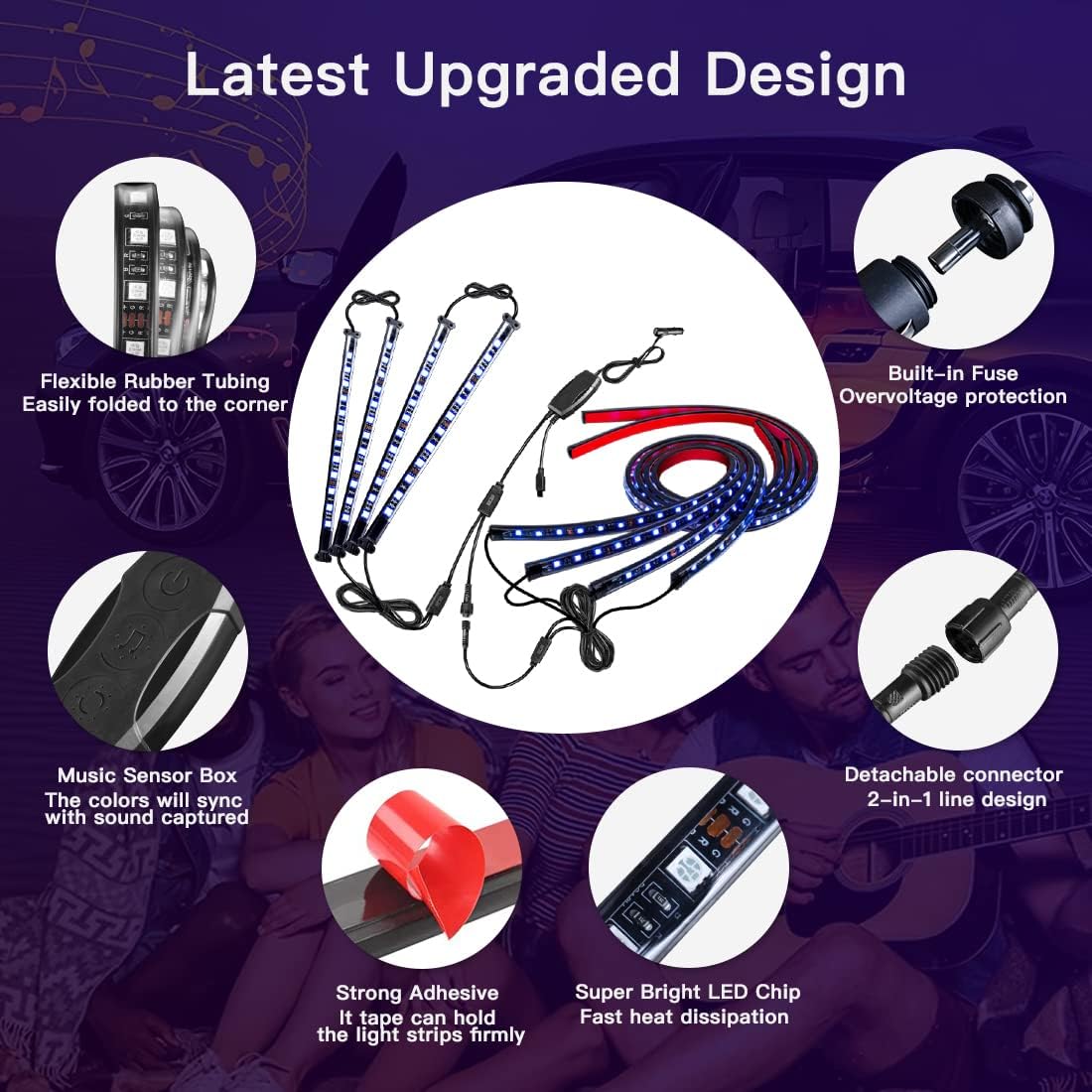 LEDKITO Car LED Underglow Lights Kit for Car Exterior and Interior Car Strip Lights 4PCS+4PCS Underbody Neon Accent Lights with APP Bluetooth Wireless Remote Control DC12V 16Million RGB Multi Colors