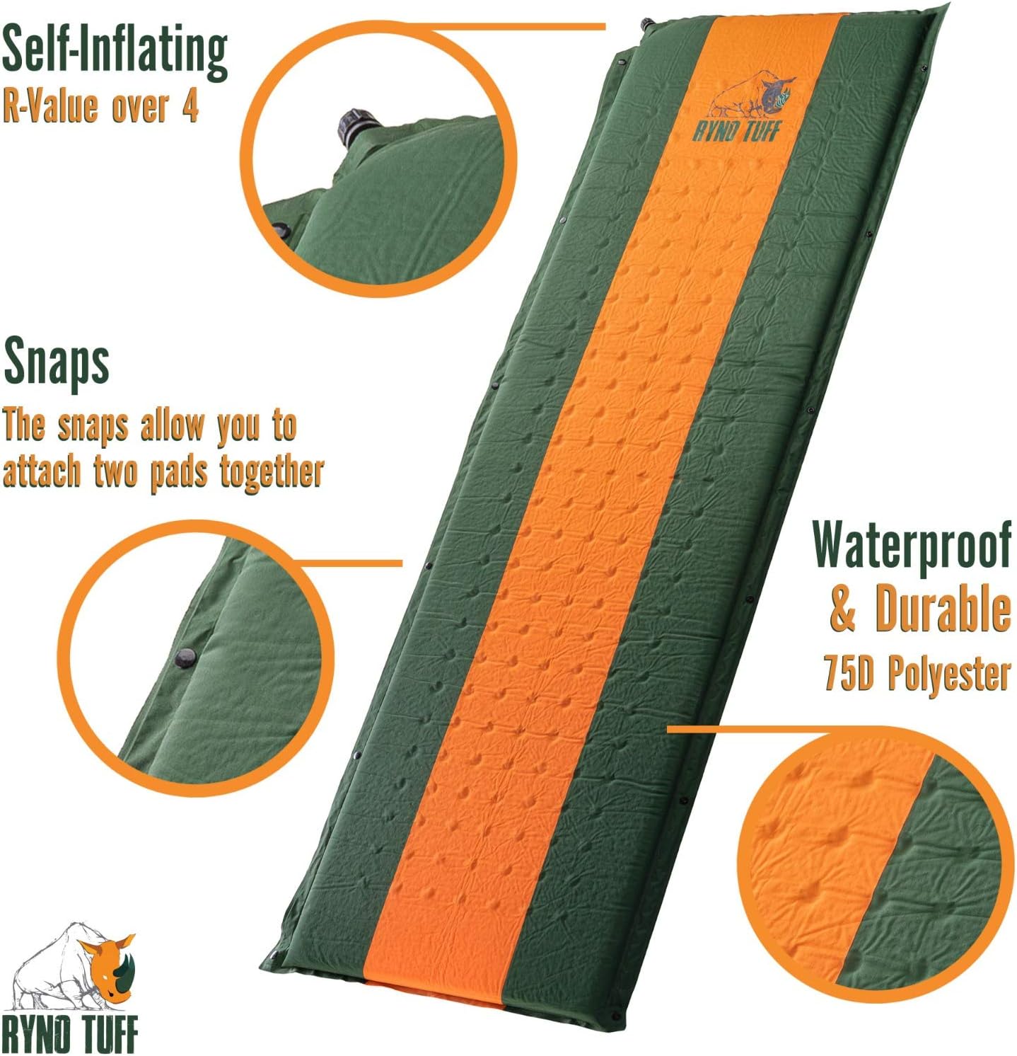 Ryno Tuff Sleeping Pad Set, Self Inflating Sleeping Pad with Free Bonus Camping Pillow, The Foam Camping Mattress is Large, Comfortable and Well Insulated, Yet Compact When Folded (Sleeping Pad Set)