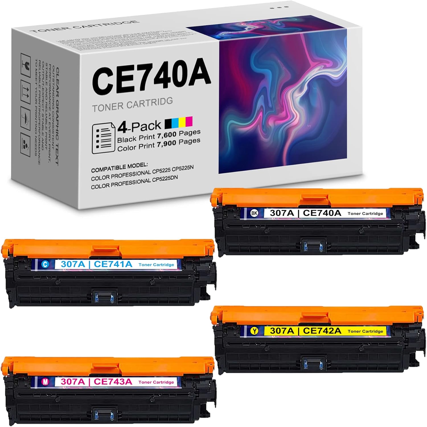 307A 4-Pack (1BK+1C+1Y+1M) CE740A CE741A CE742A CE743A Compatible Remanufactured Toner Cartridge Replacement for HP Color Professional CP5225 CP5225n CP5225dn Printers - by STRONTONER