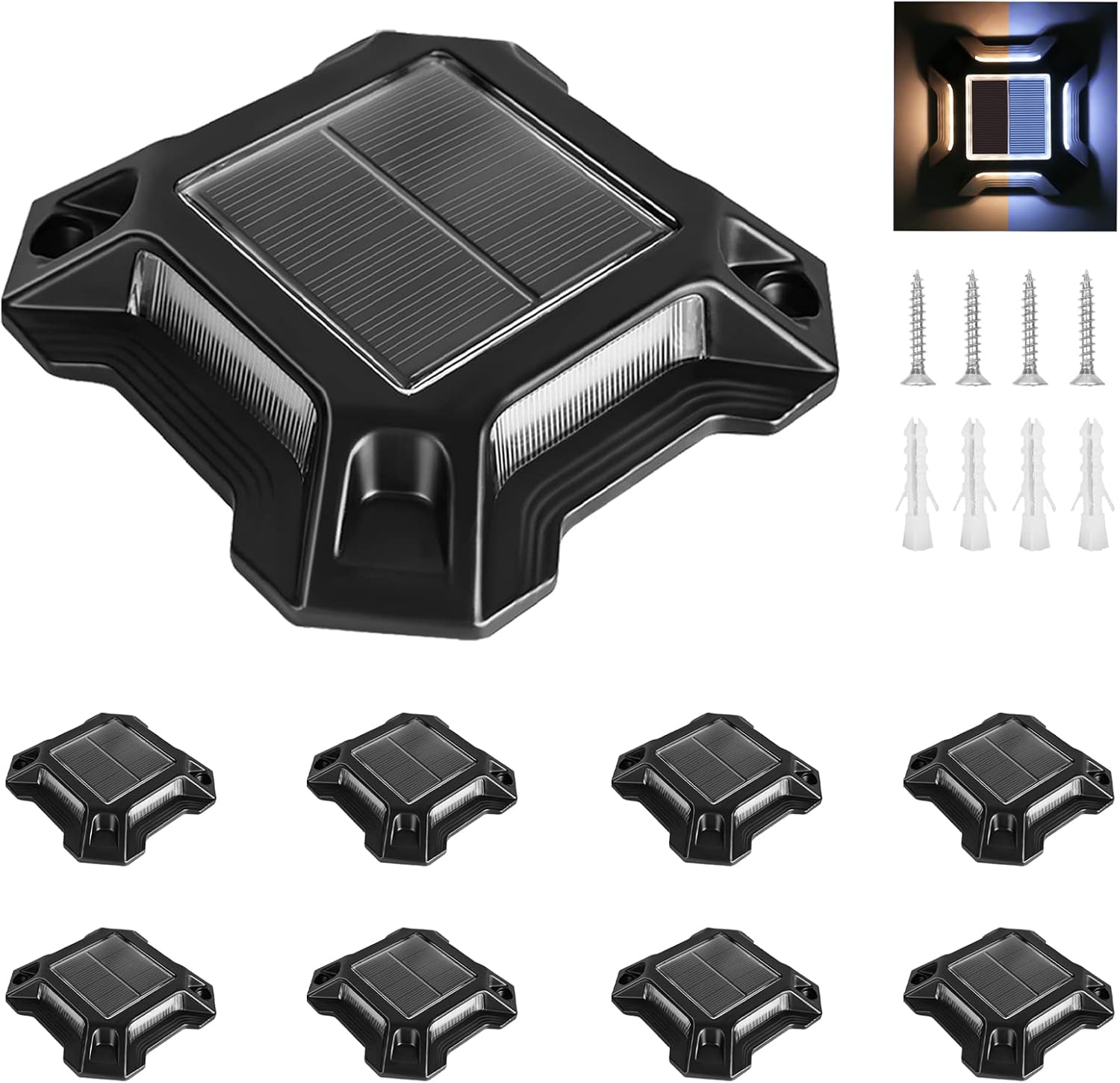 ROOKROME 2-in-1 Solar Driveway Lights 1200mAh Dock Lights Solar Powered IP68 Waterproof Outdoor LED Marine Deck Lights 8-Pack for Driveway Dock Sidewalk Garden Step (Warm White&White)