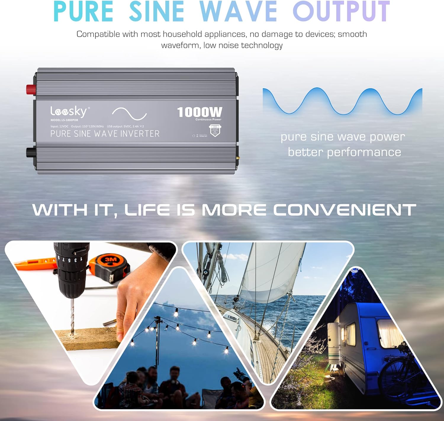 Pure Sine Wave 1000 Watt Power Inverter DC 12V to AC 110V 120V with 3 AC Sockets Dual 4.8A USB Ports & Digital LCD Display Remote Controller LEESKY
