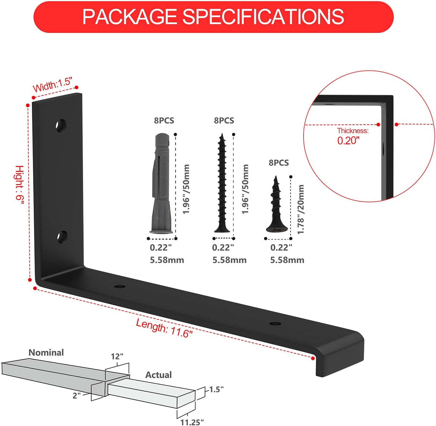WEKIS Black Shelf Bracket 12 Inch,Heavy Duty Metal Bracket for Floating Shelves,1/5 Inch Thick Rustic Shelf Brackets 6 Packs Decorative Shelf Brackets Wall Mounted,Actual 11.7