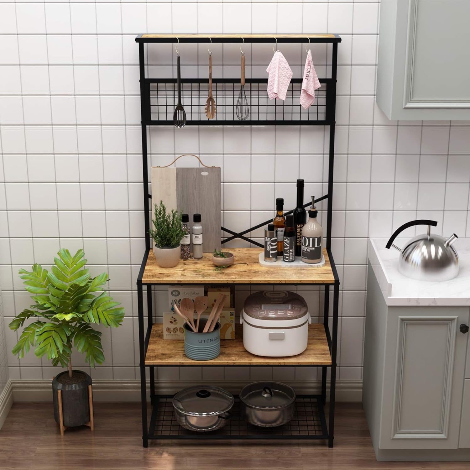 soges 4-Tier Kitchen Baker's Rack Free-Standing Microwave Oven Stand Storage Shelf Rustic Brown YL-D5003